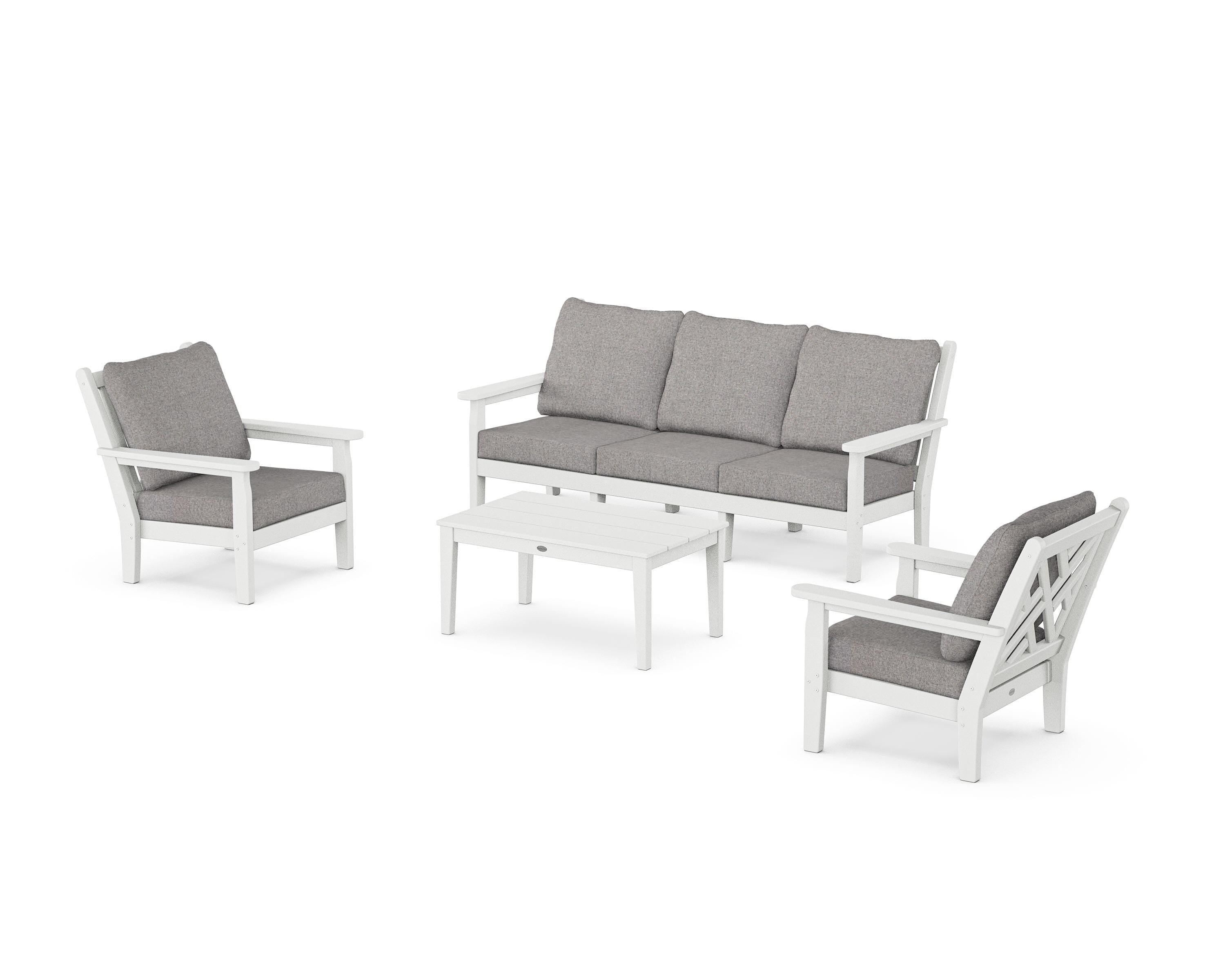POLYWOOD® Chippendale 4-Piece Deep Seating Set with Sofa in White / Grey Mist