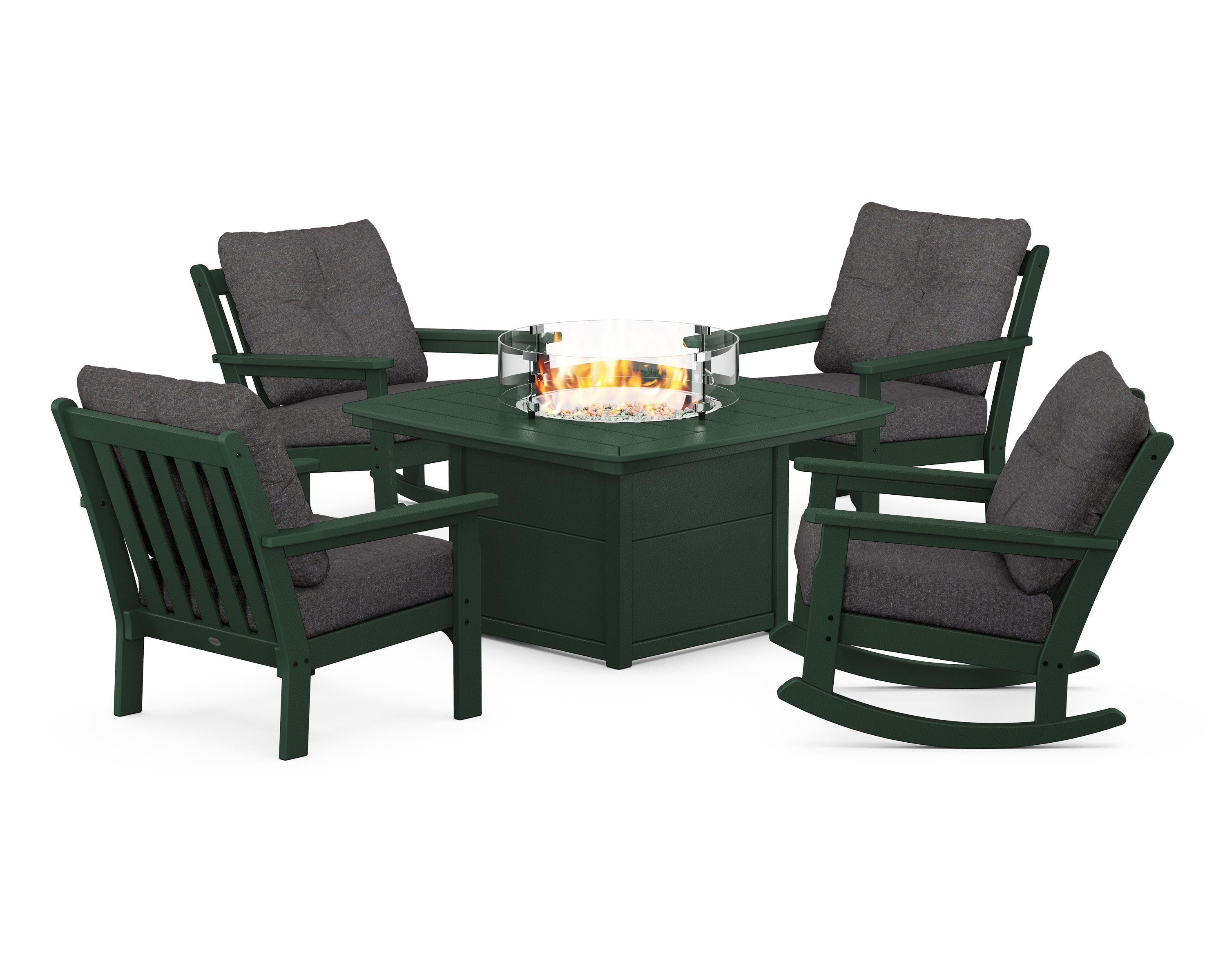 POLYWOOD® Vineyard 5-Piece Deep Seating Rocking Chair Conversation Set with Fire Pit Table in Green / Ash Charcoal