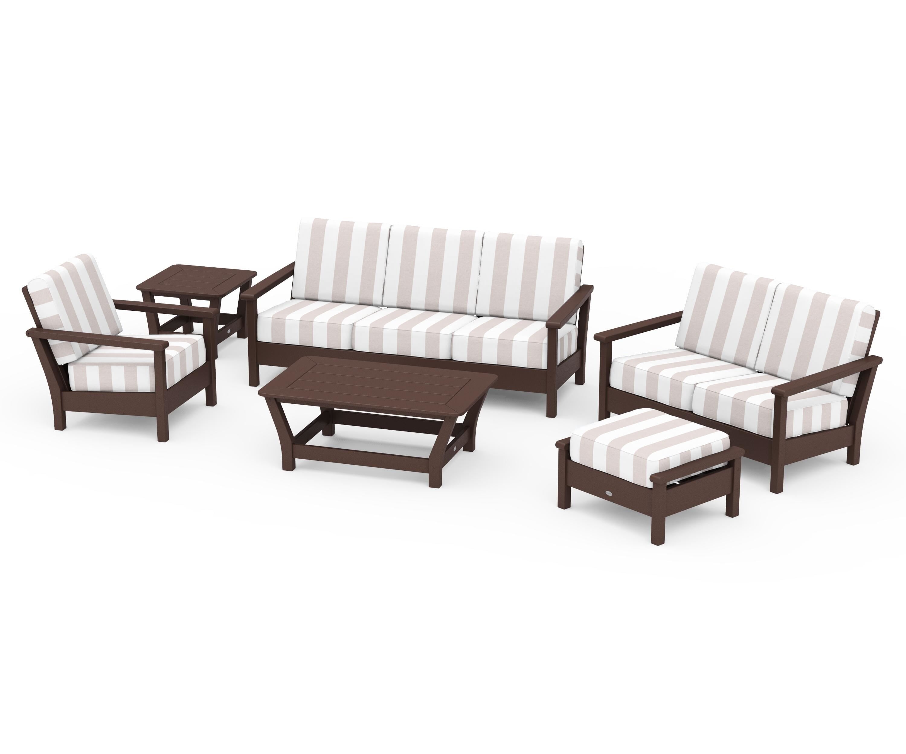 POLYWOOD® Harbour 6-Piece Outdoor Living Set in Mahogany / Cabana Stripe Dune Burlap