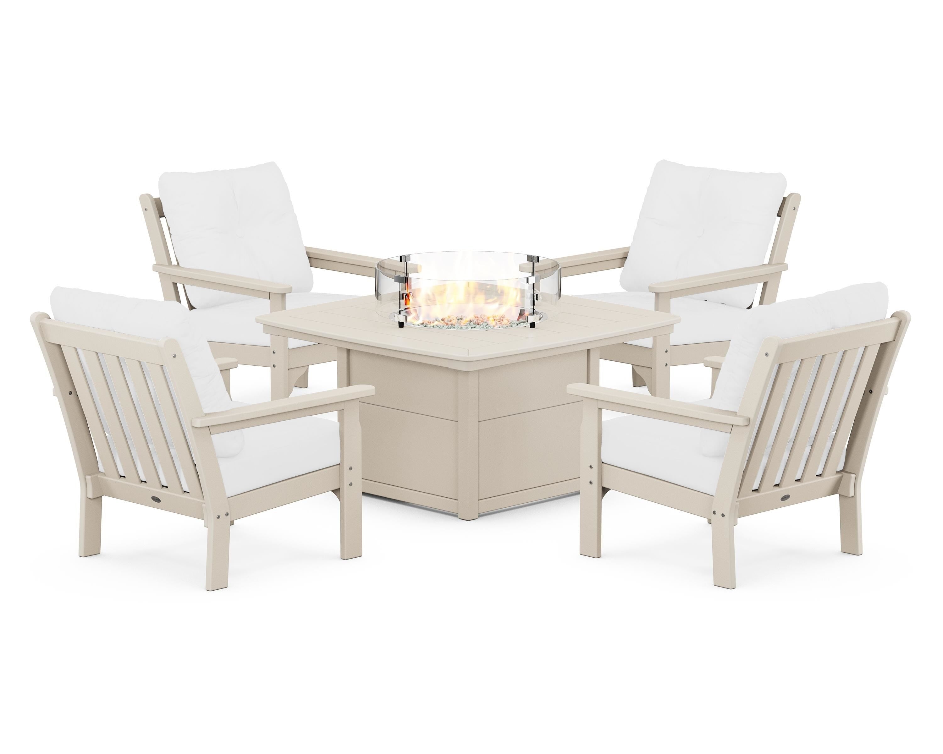 POLYWOOD® Vineyard 5-Piece Conversation Set with Fire Pit Table in Sand / Natural