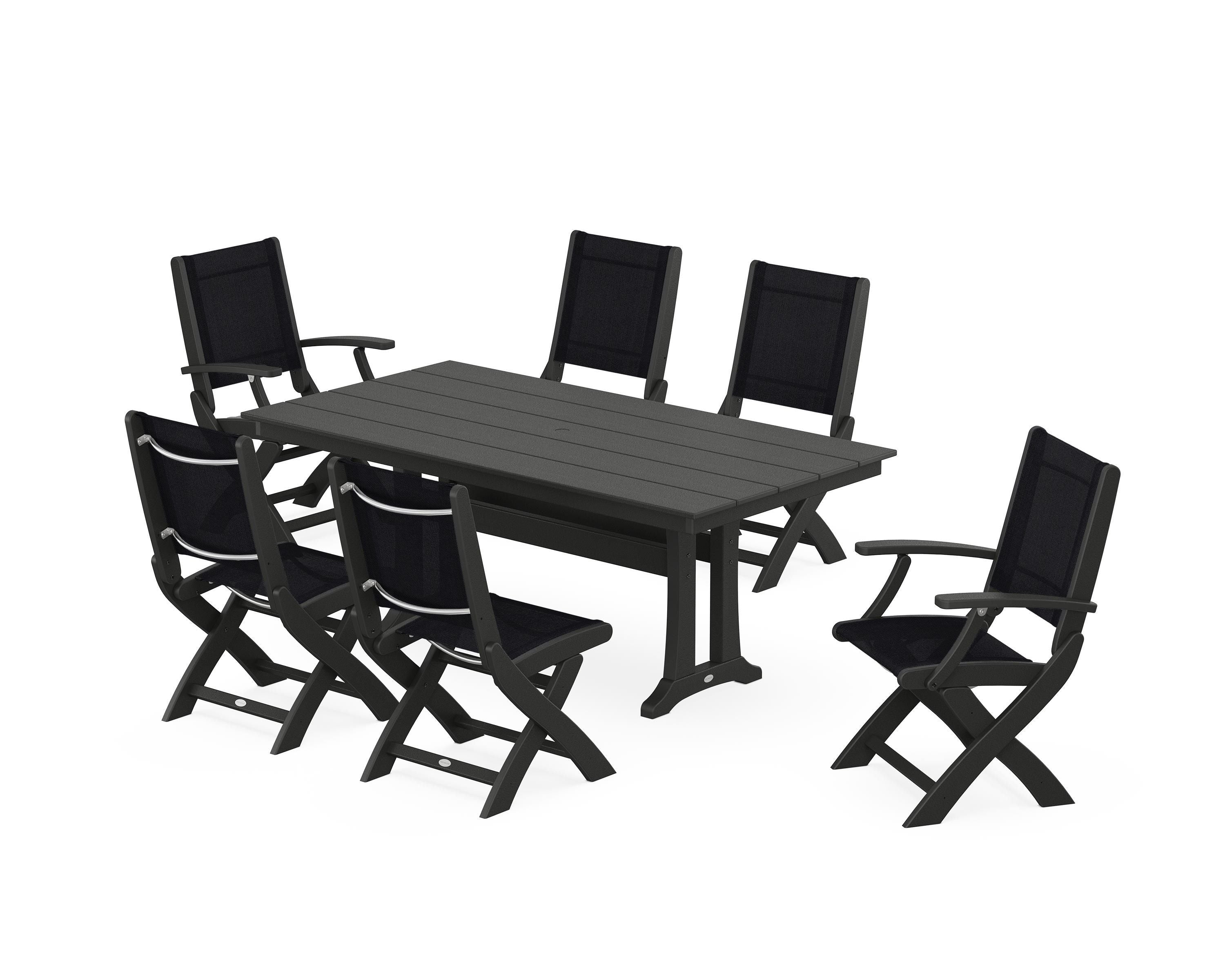 POLYWOOD® Coastal Folding Chair 7-Piece Farmhouse Dining Set with Trestle Legs in Black / Black Sling