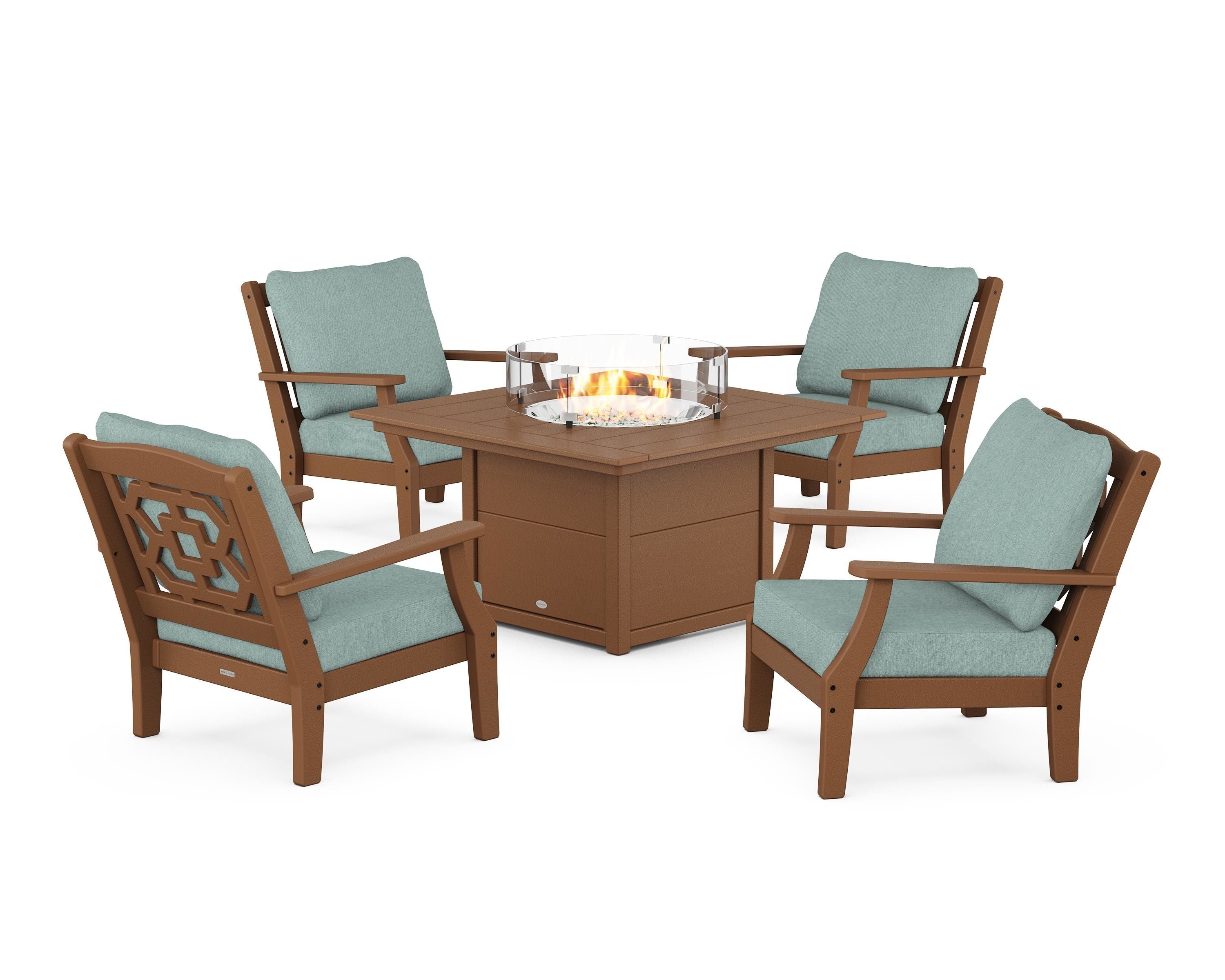 Martha Stewart by POLYWOOD® Chinoiserie 5-Piece Deep Seating Set with Fire Pit Table in Teak / Glacier Spa