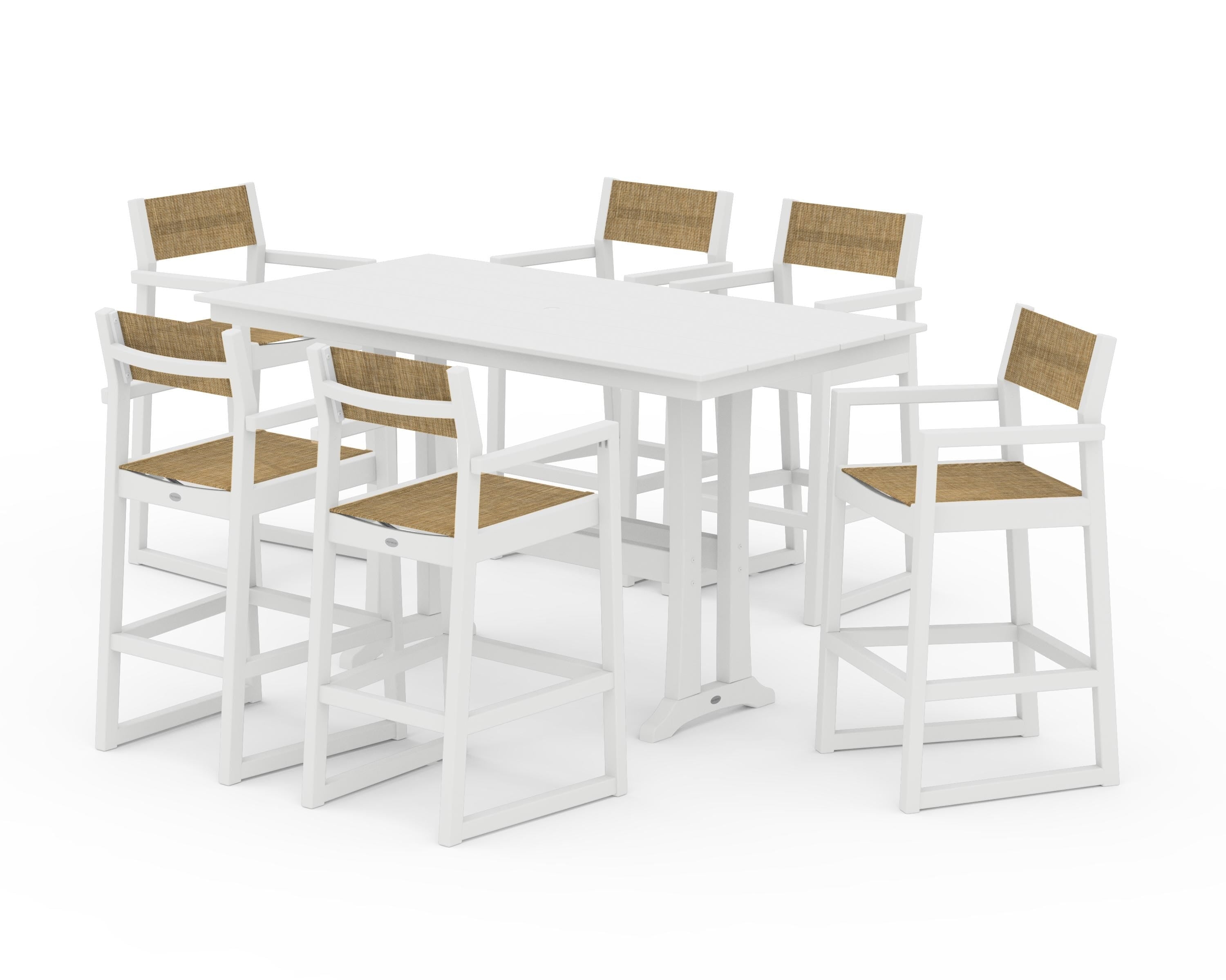 POLYWOOD® EDGE Sling Arm Chair 7-Piece Farmhouse Bar Set with Trestle Legs in White / Burlap Sling