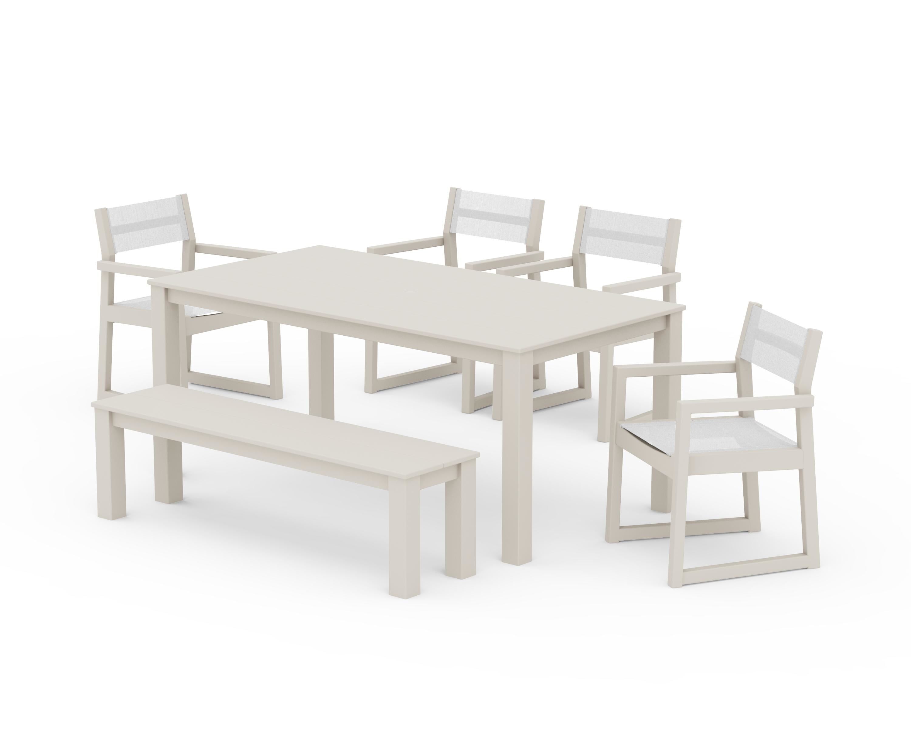 POLYWOOD® EDGE Sling Arm Chair 6-Piece Parsons Dining Set with Bench in Sand / White Sling