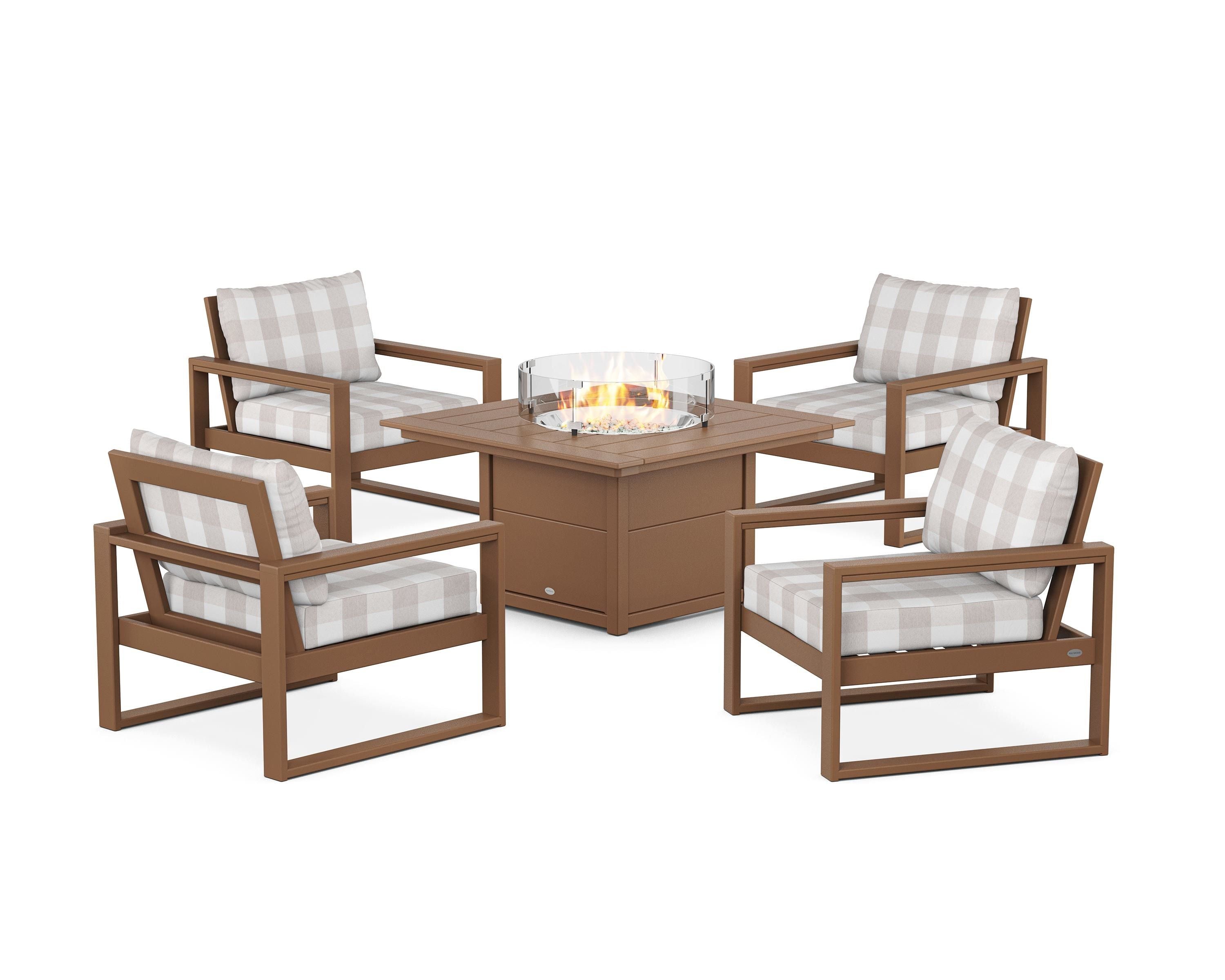 POLYWOOD® EDGE Sectional 5-Piece Deep Seating Set with Fire Pit Table in Teak / Buffalo Plaid Dune Burlap