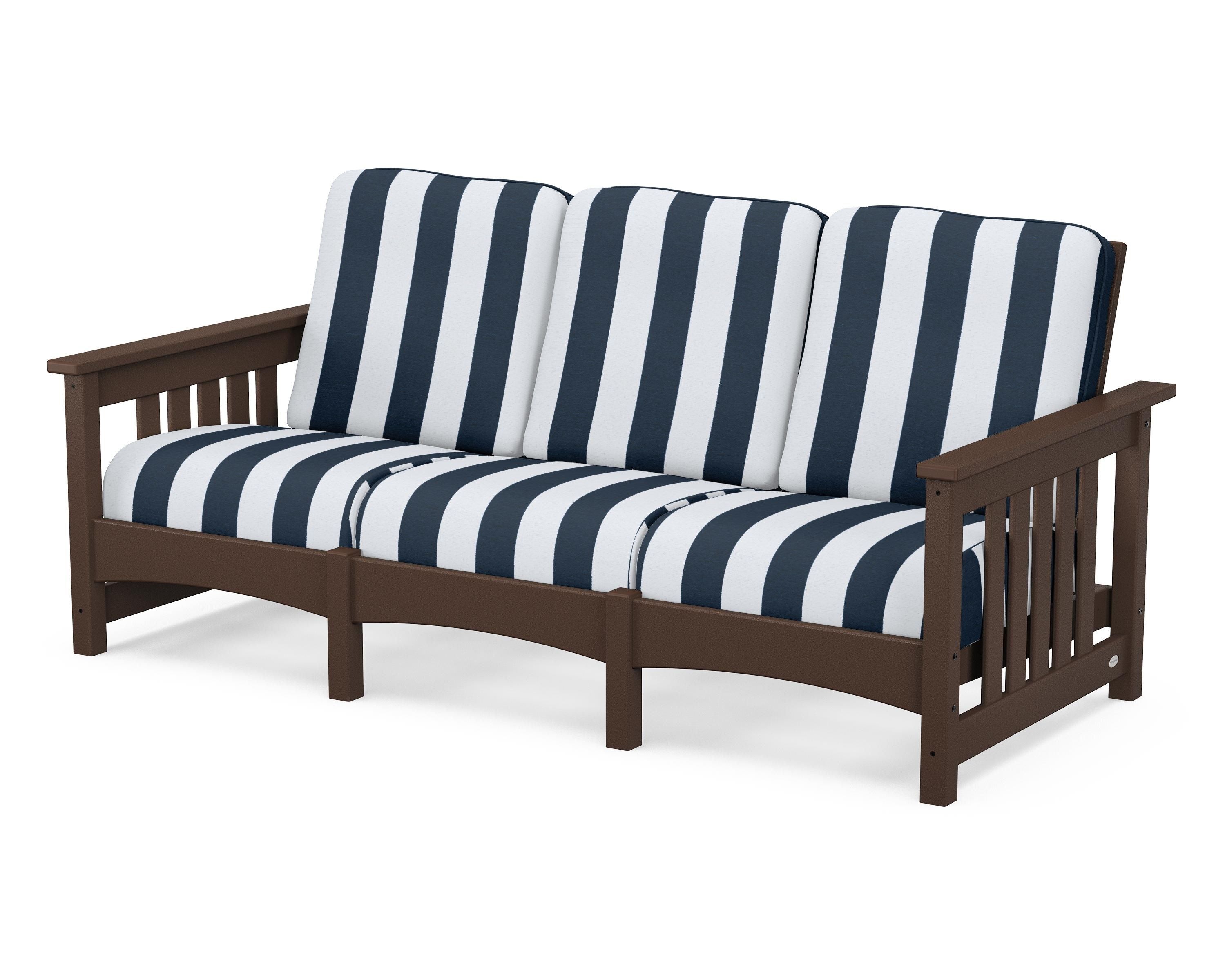 POLYWOOD® Club Mission Sofa in Mahogany / Cabana Stripe Marine Indigo