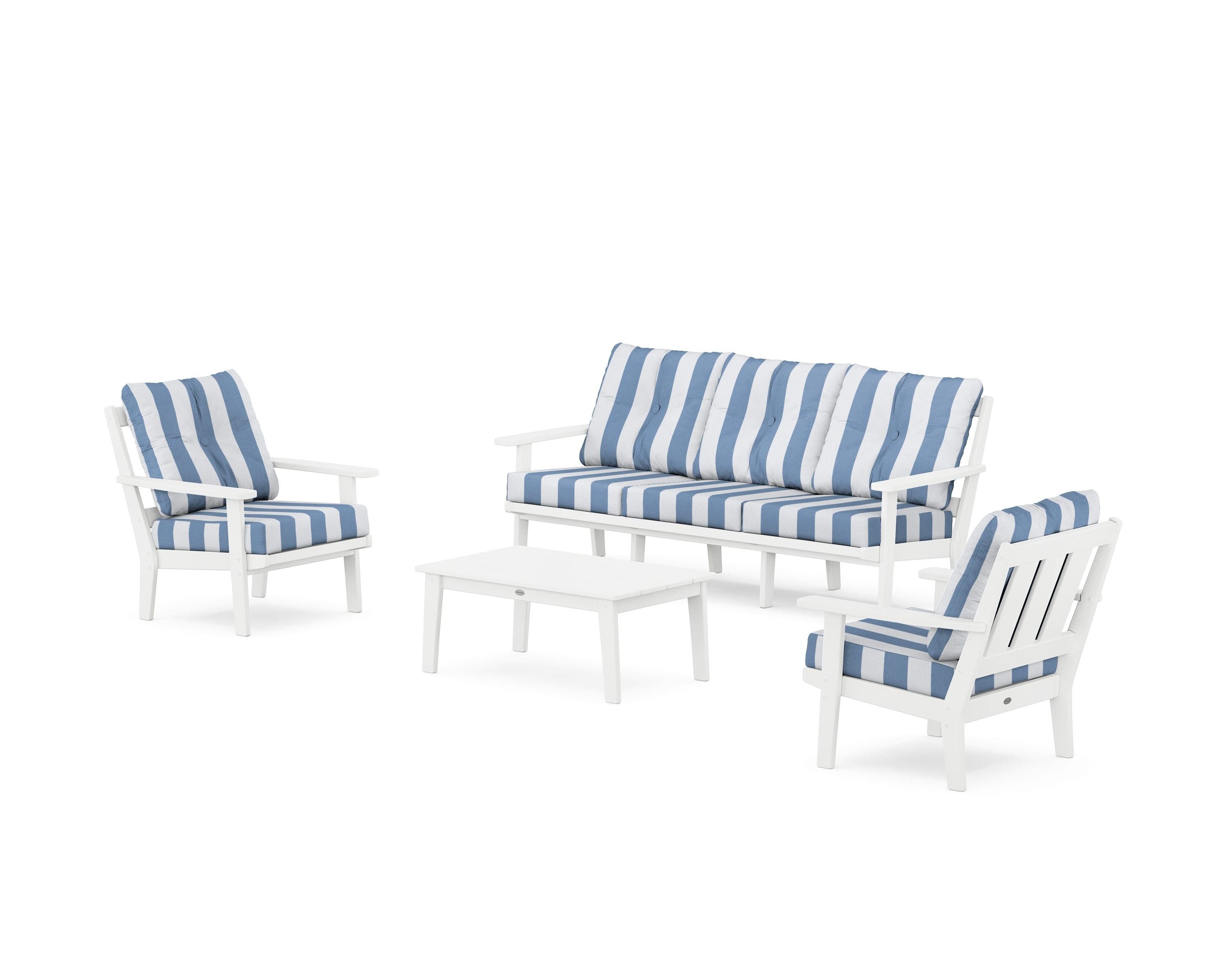POLYWOOD® Oxford 4-Piece Deep Seating Set with Sofa in White / Cabana Stripe Sky Blue