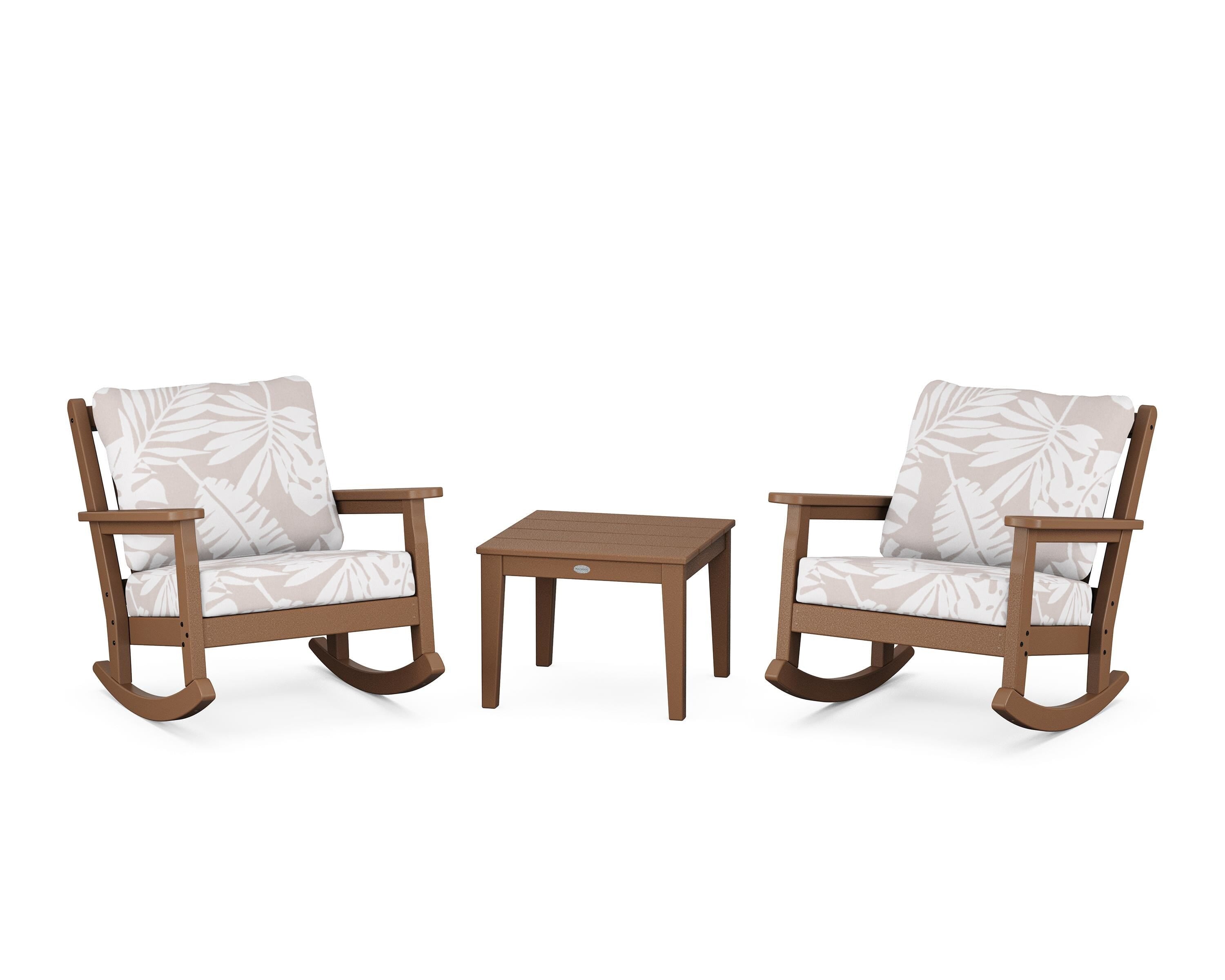 POLYWOOD® Chippendale 3-Piece Deep Seating Rocker Set in Teak / Leaf Dune Burlap