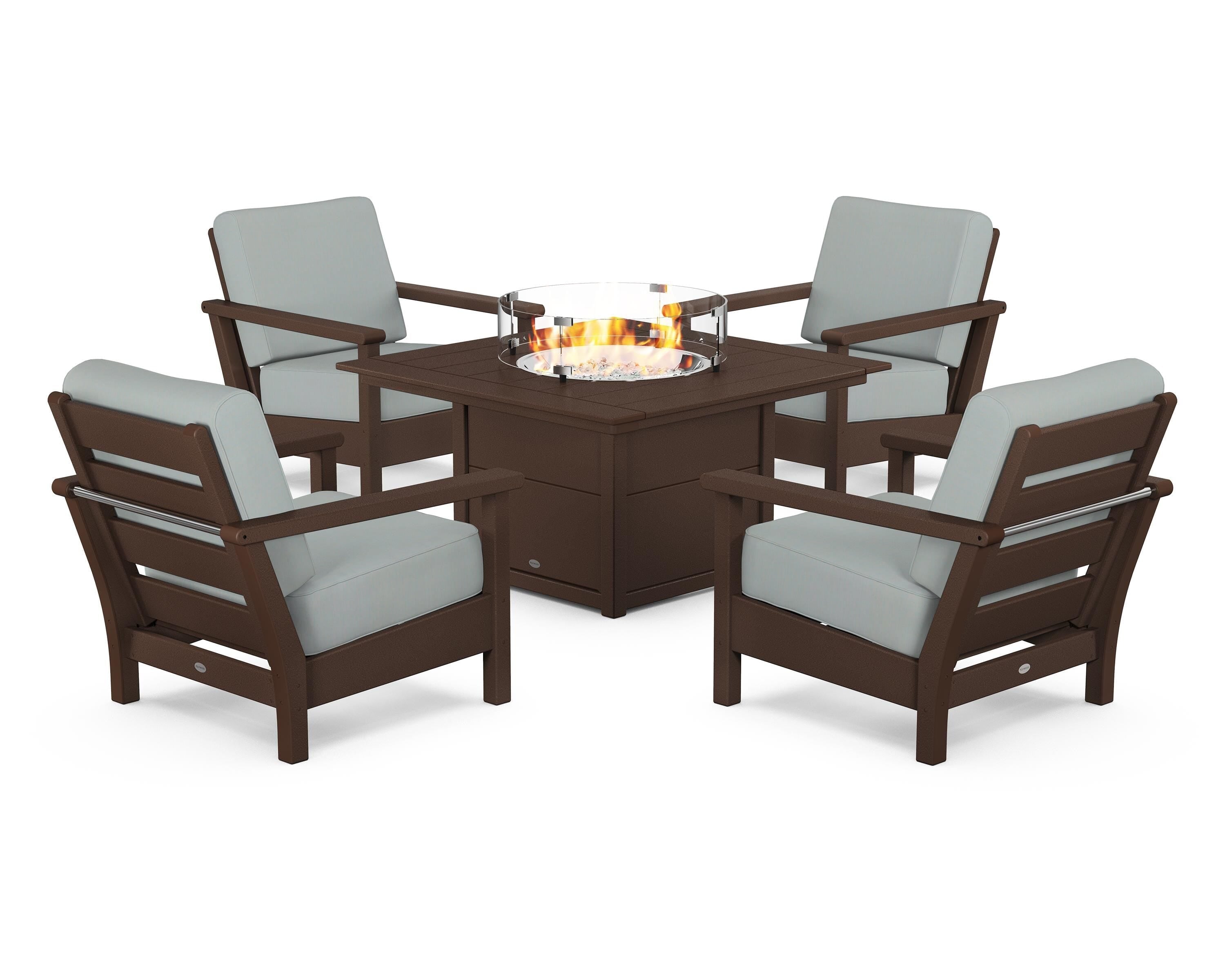 POLYWOOD® Harbour 5-Piece Conversation Set with Fire Pit Table in Mahogany / Spa