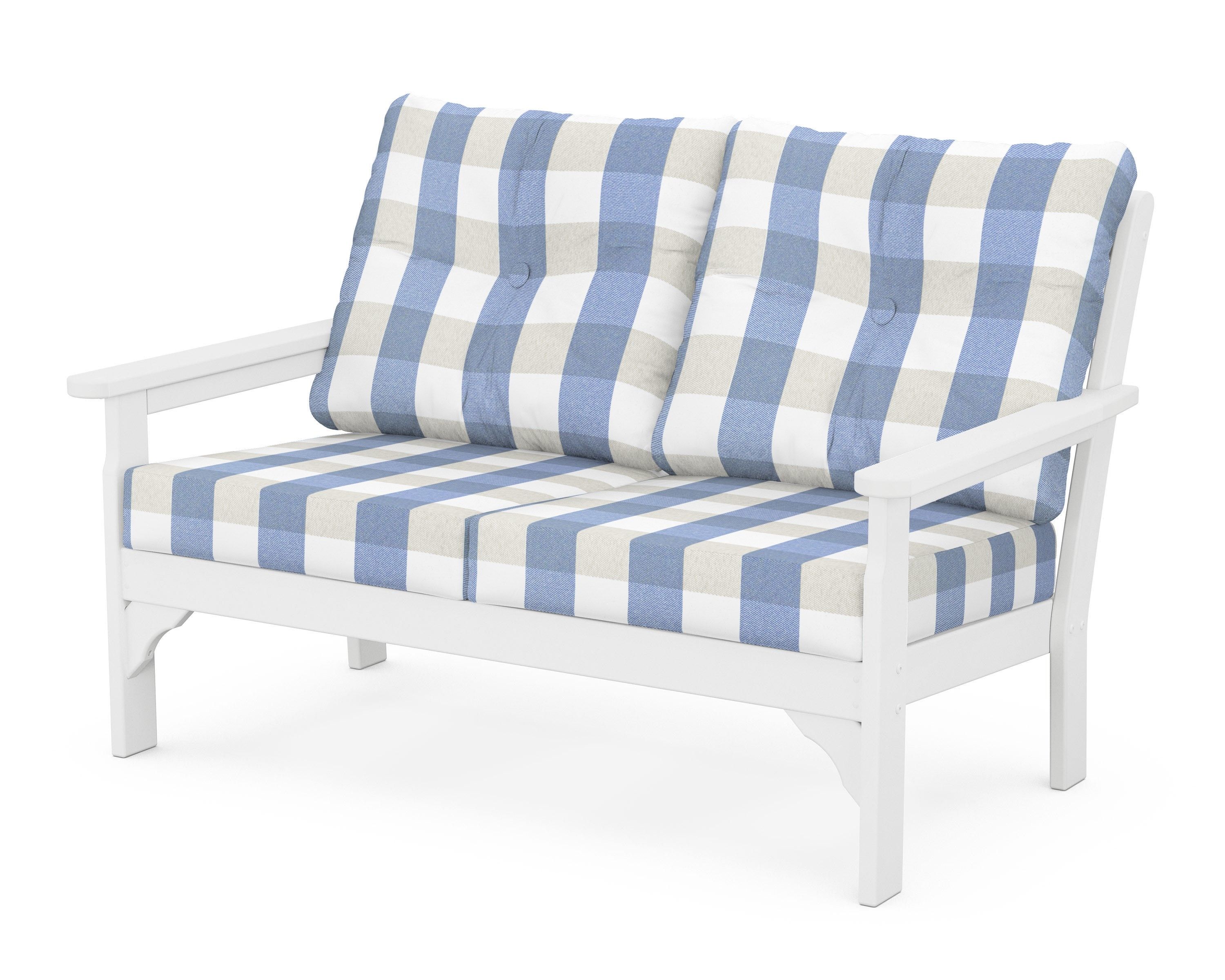 POLYWOOD® Vineyard Deep Seating Loveseat in White / Buffalo Plaid Sky Blue