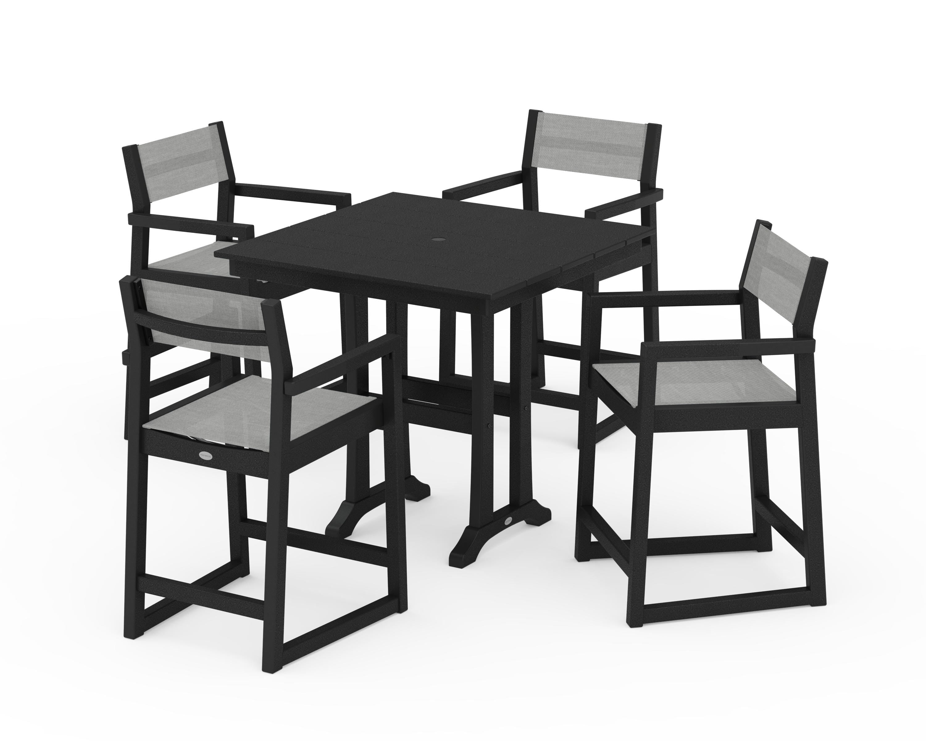 POLYWOOD® EDGE Sling Arm Chair 5-Piece Farmhouse Counter Set with Trestle Legs in Black / Metallic Sling