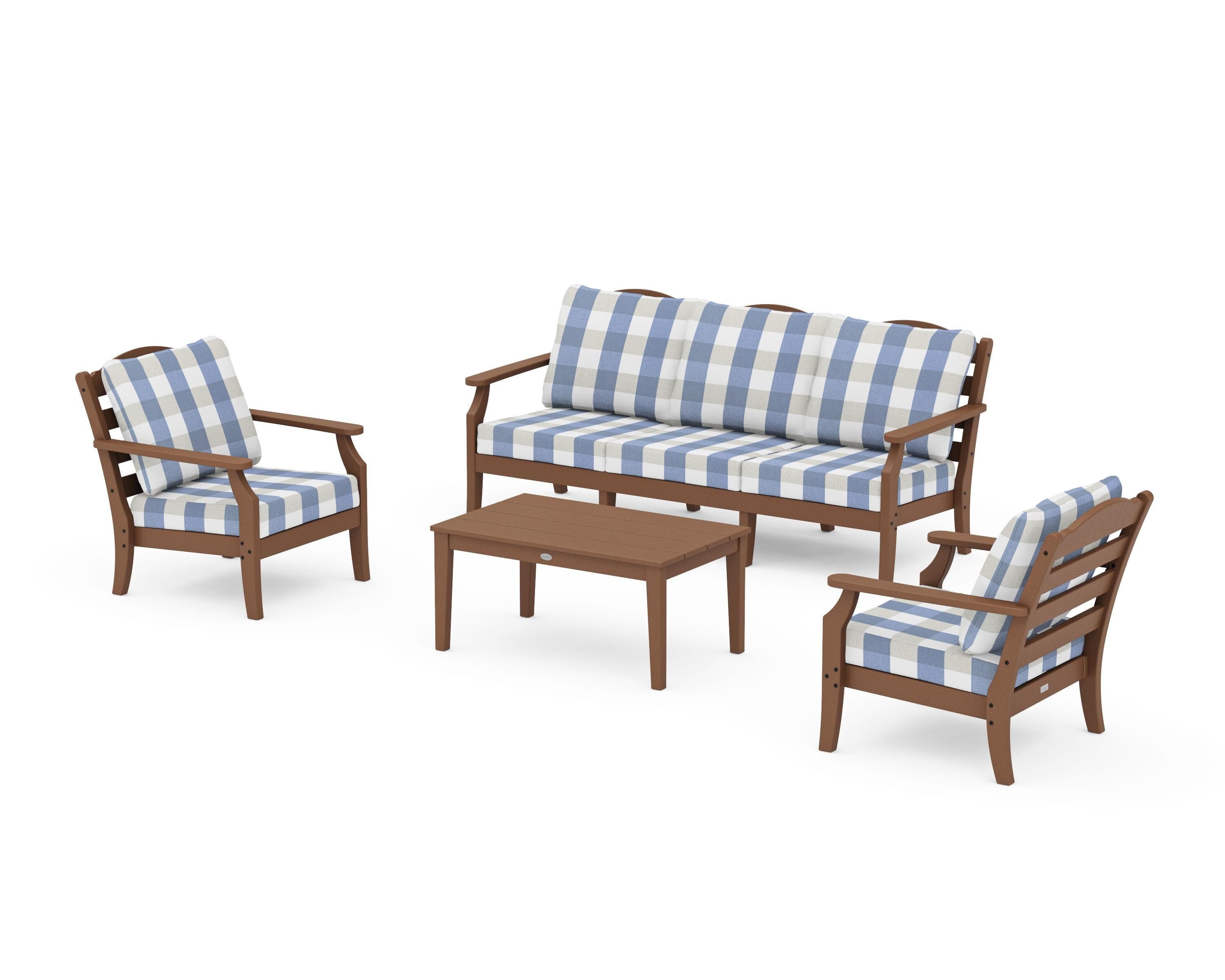 Draper James™ by POLYWOOD® Savannah 4-Piece Deep Seating Set with Sofa in Teak / Buffalo Plaid Sky Blue