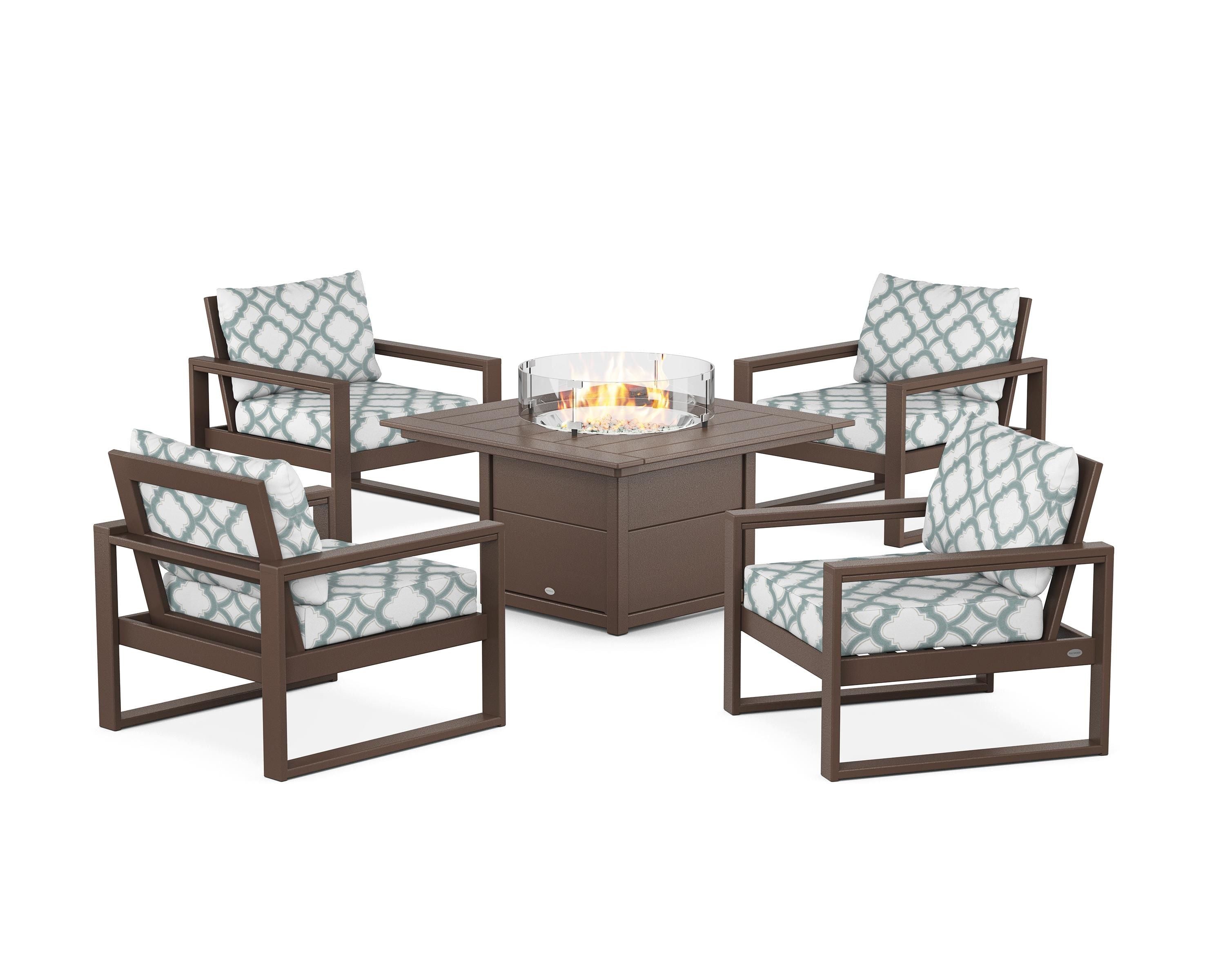 POLYWOOD® EDGE Sectional 5-Piece Deep Seating Set with Fire Pit Table in Mahogany / Trellis Glacier Spa