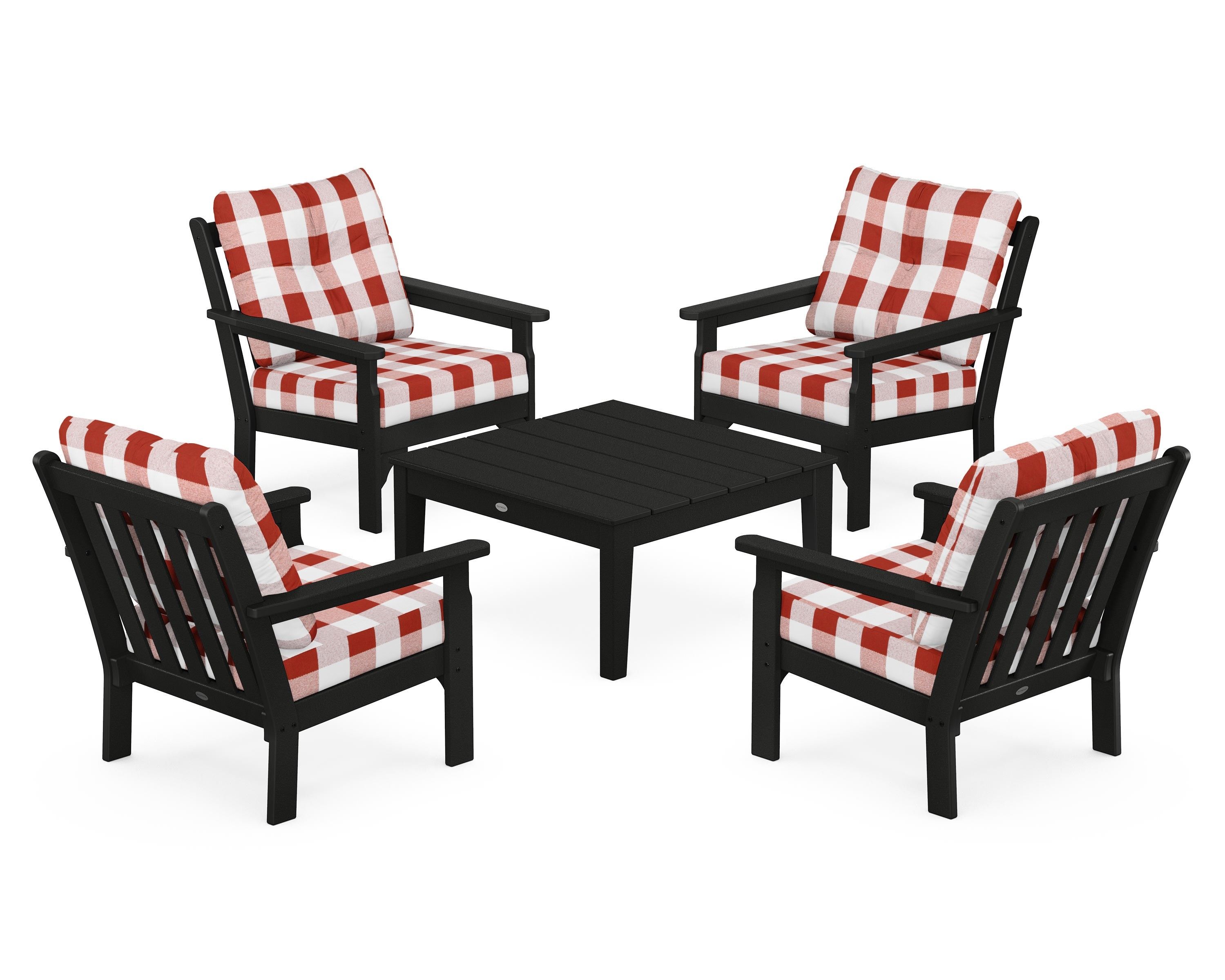 POLYWOOD® Vineyard 5-Piece Deep Seating Conversation Set in Black / Buffalo Plaid Crimson
