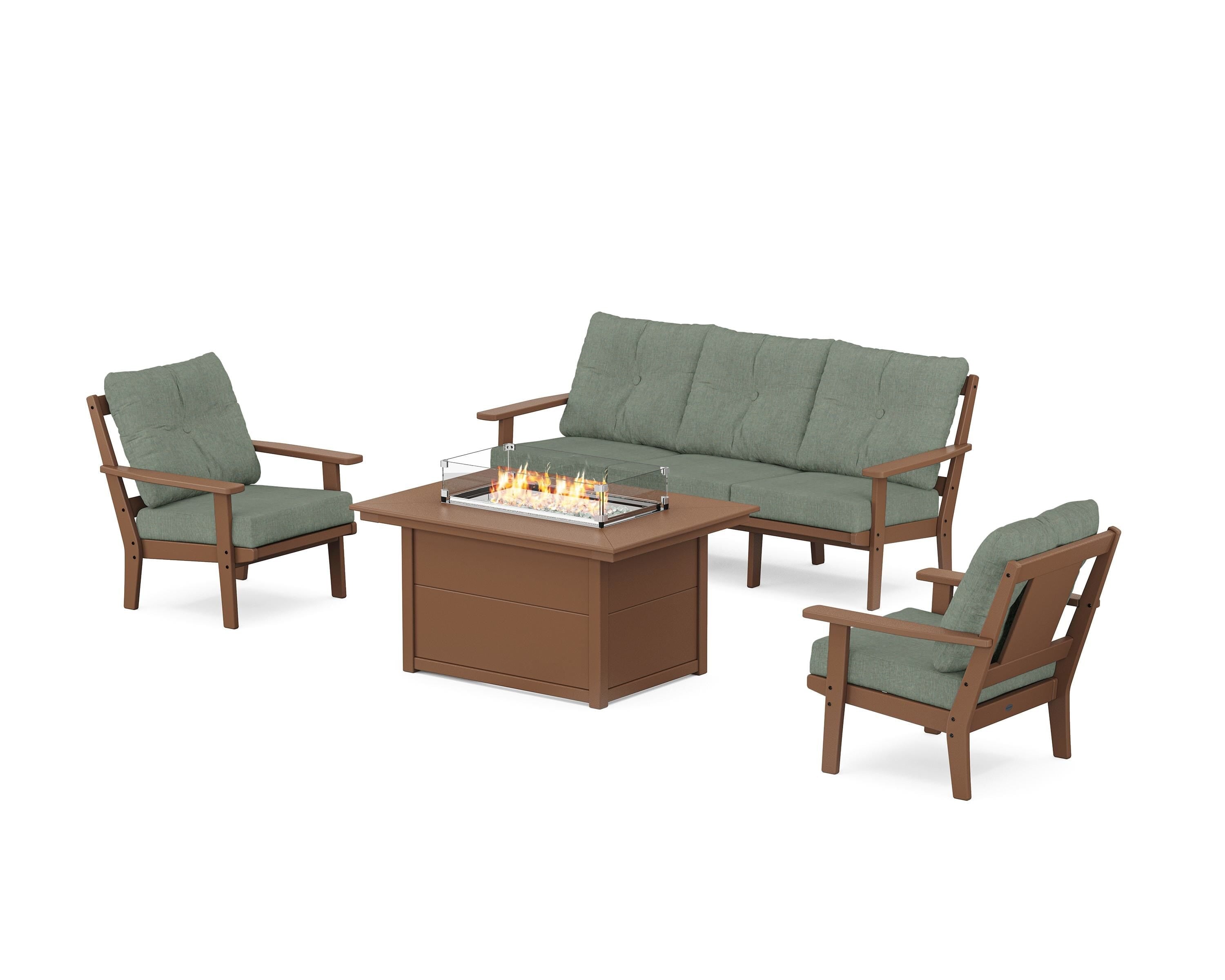 POLYWOOD® Prairie Deep Seating Fire Pit Table Set in Teak / Cast Sage