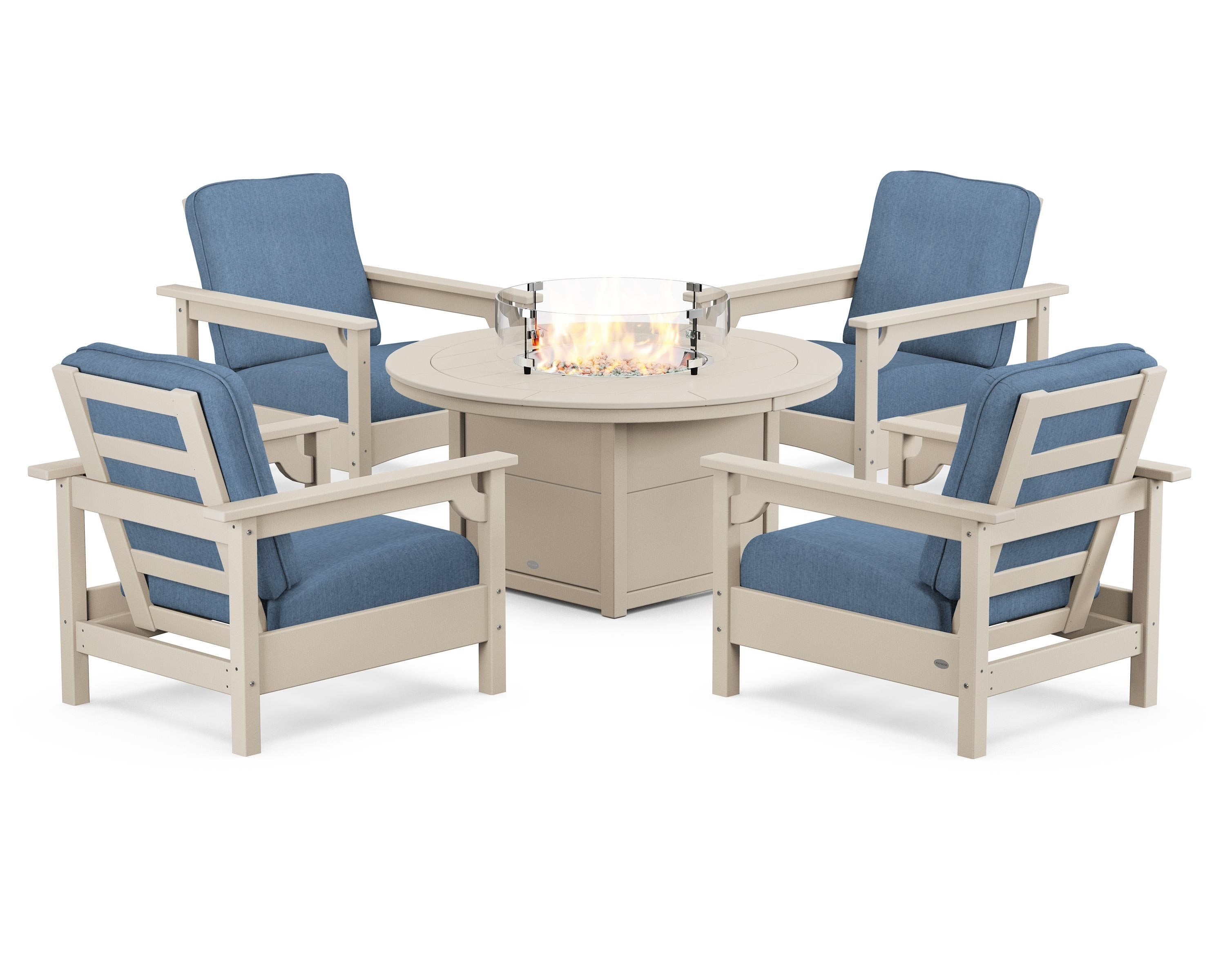 POLYWOOD® Club 5-Piece Conversation Set with Fire Pit Table in Sand / Sky Blue