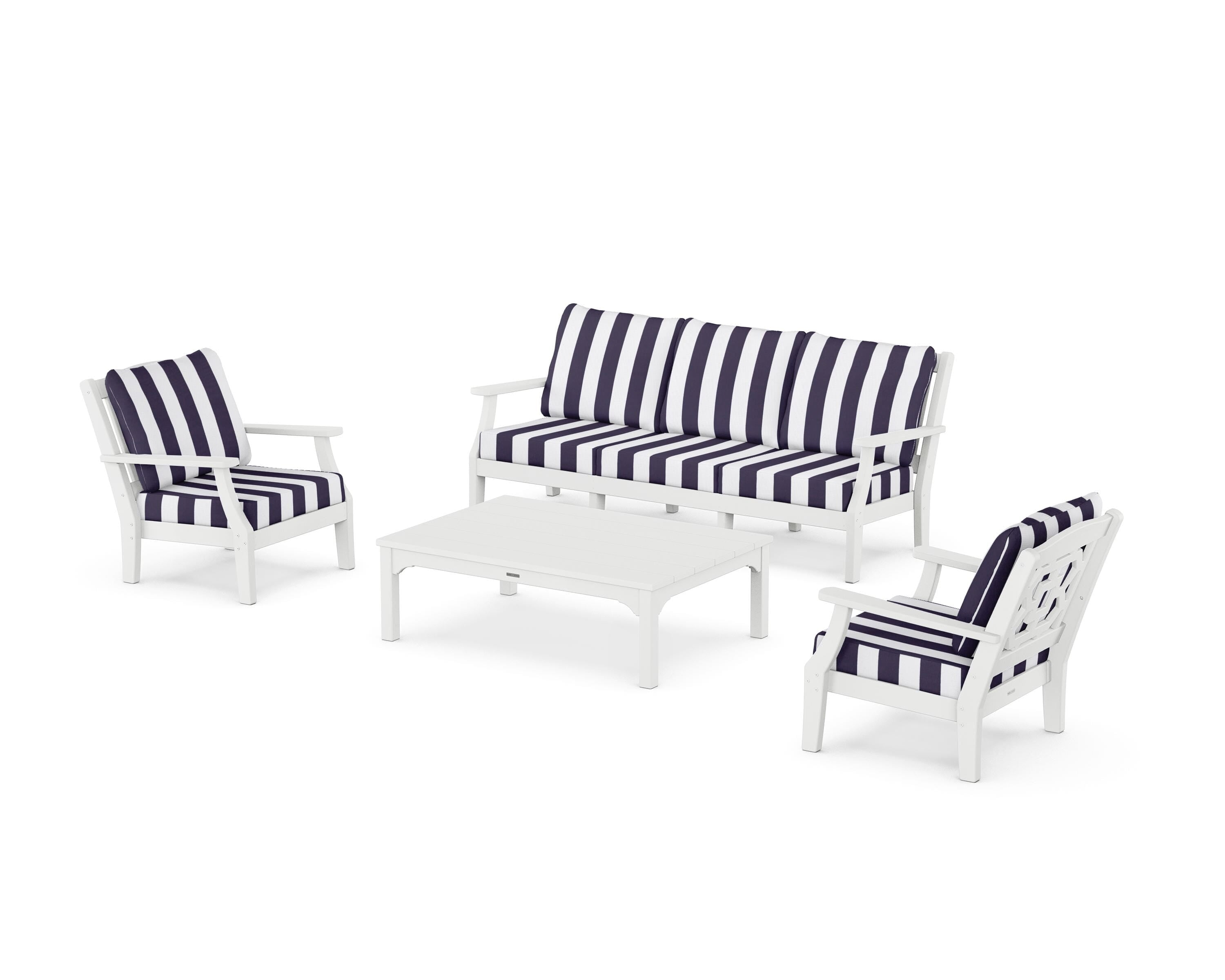 Martha Stewart by POLYWOOD® Chinoiserie 4-Piece Deep Seating Set with Sofa in White / Cabana Stripe Navy