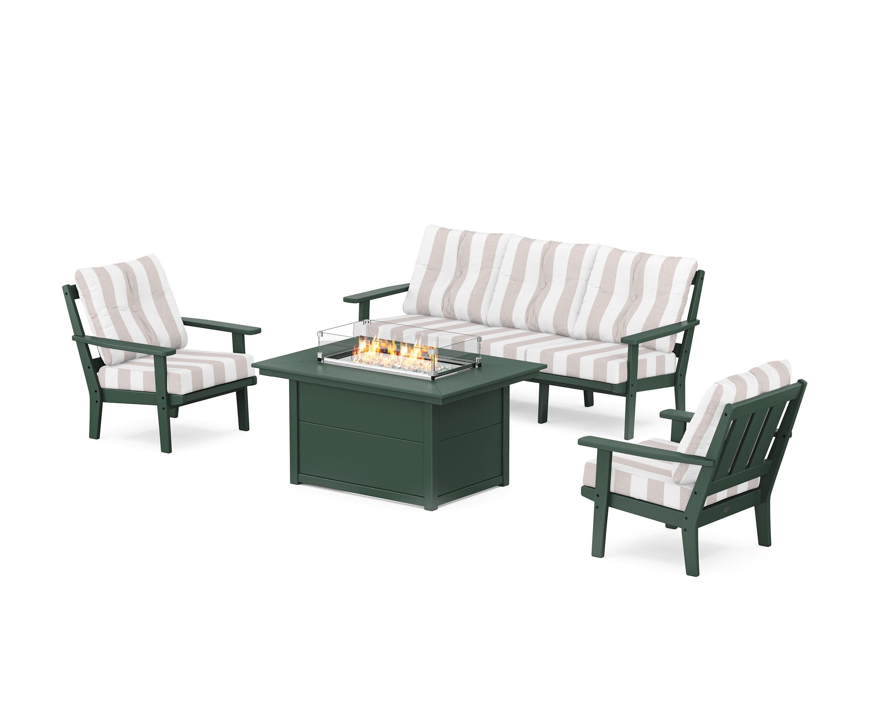 POLYWOOD® Oxford Deep Seating Fire Pit Table Set in Green / Cabana Stripe Dune Burlap