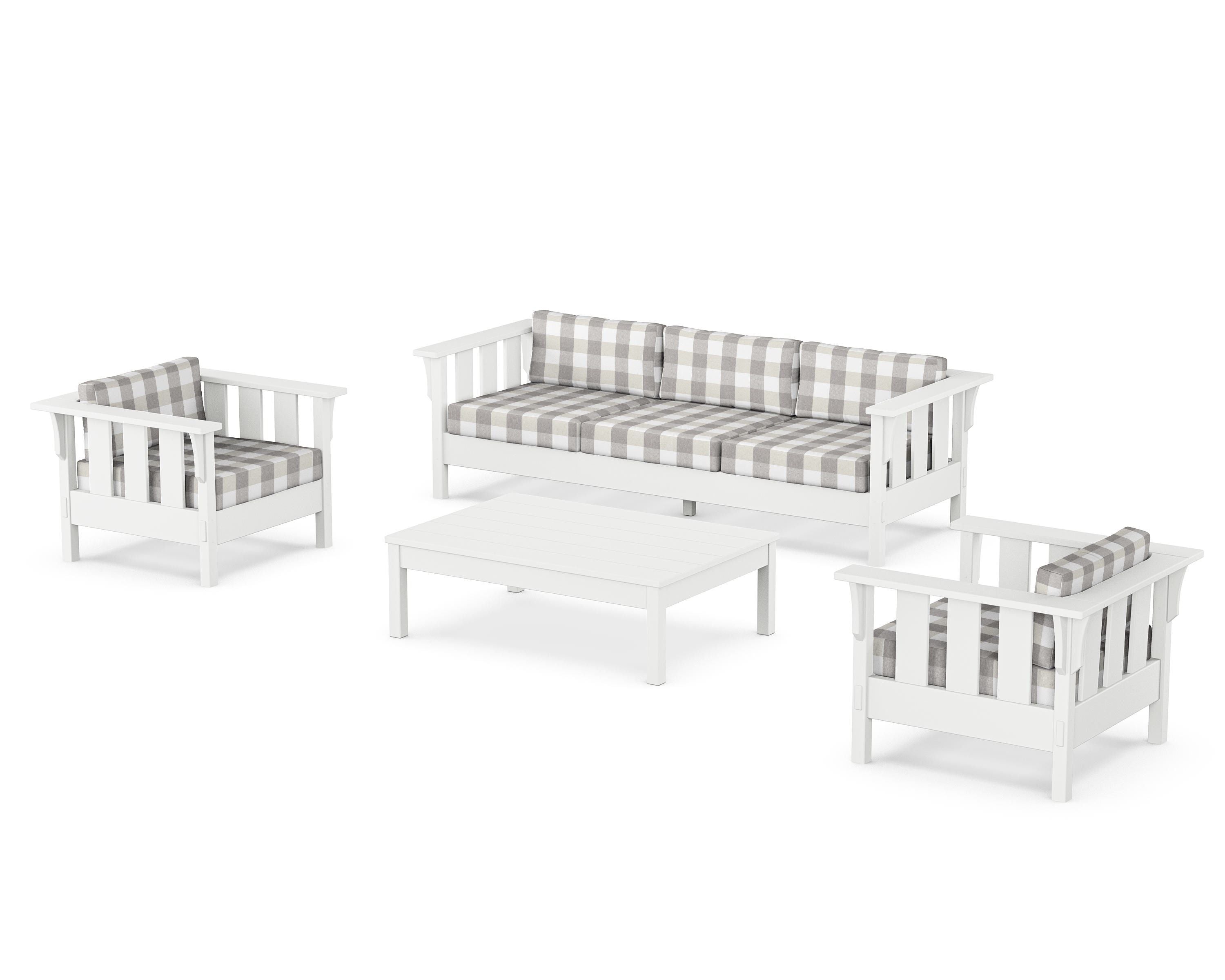 Martha Stewart by POLYWOOD® Acadia 4-Piece Deep Seating Set with Sofa in White / Buffalo Plaid Grey Mist