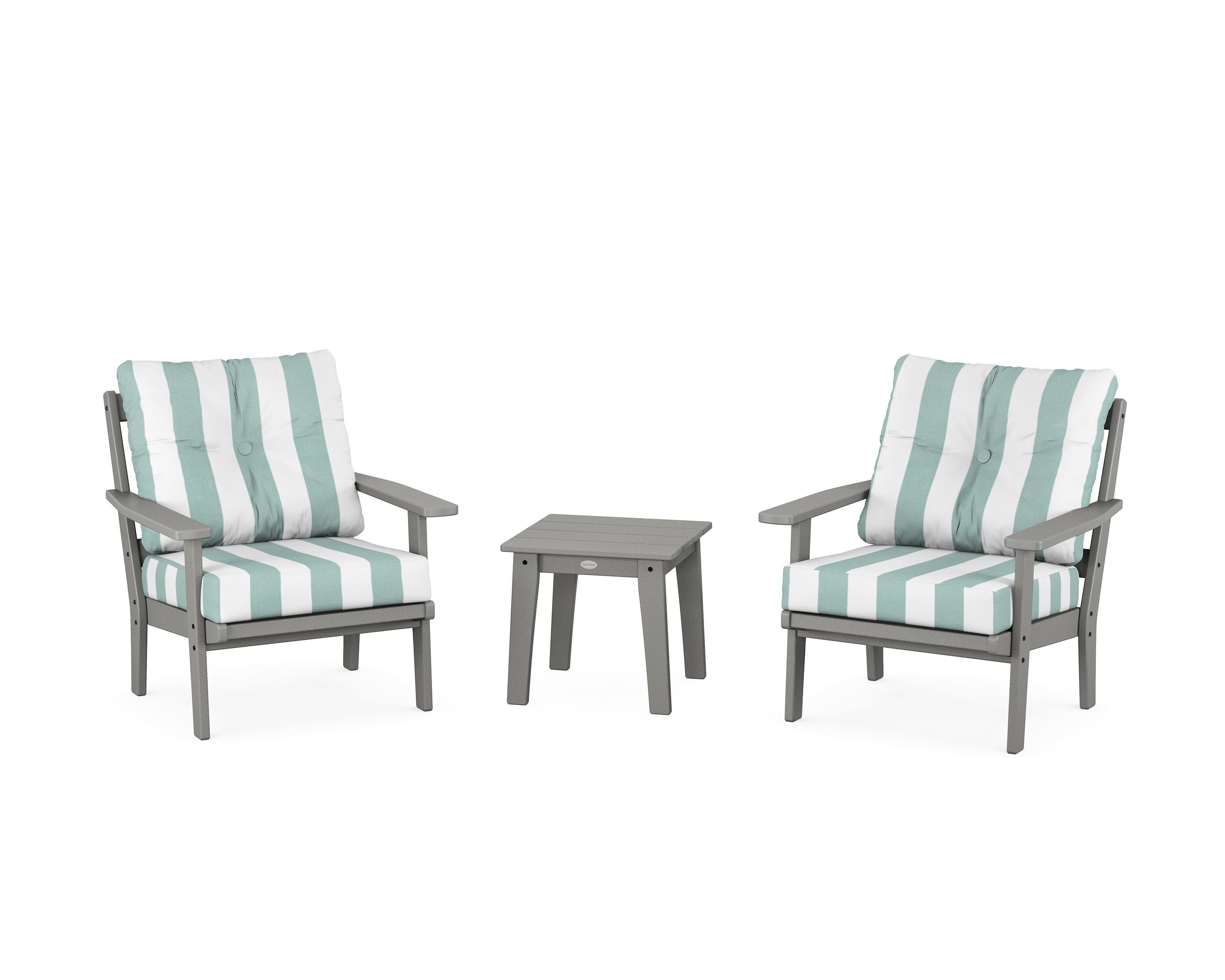 POLYWOOD® Oxford 3-Piece Deep Seating Set in Slate Grey / Cabana Stripe Glacier Spa