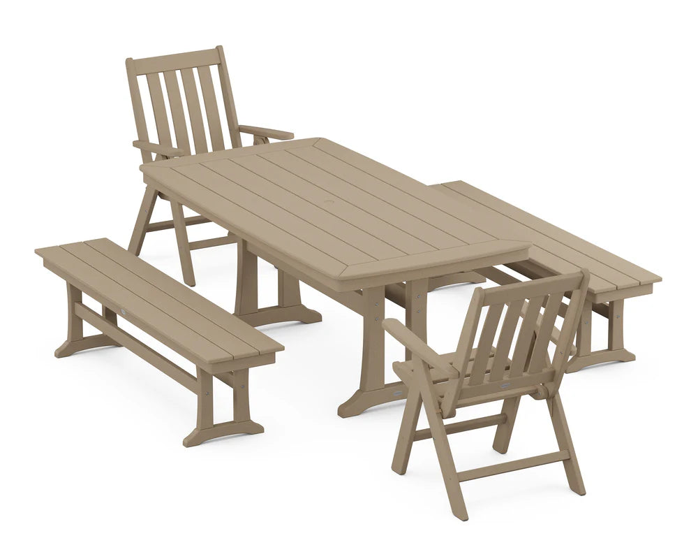 Vineyard Folding Chair 5-Piece Dining Set with Trestle Legs and Benches