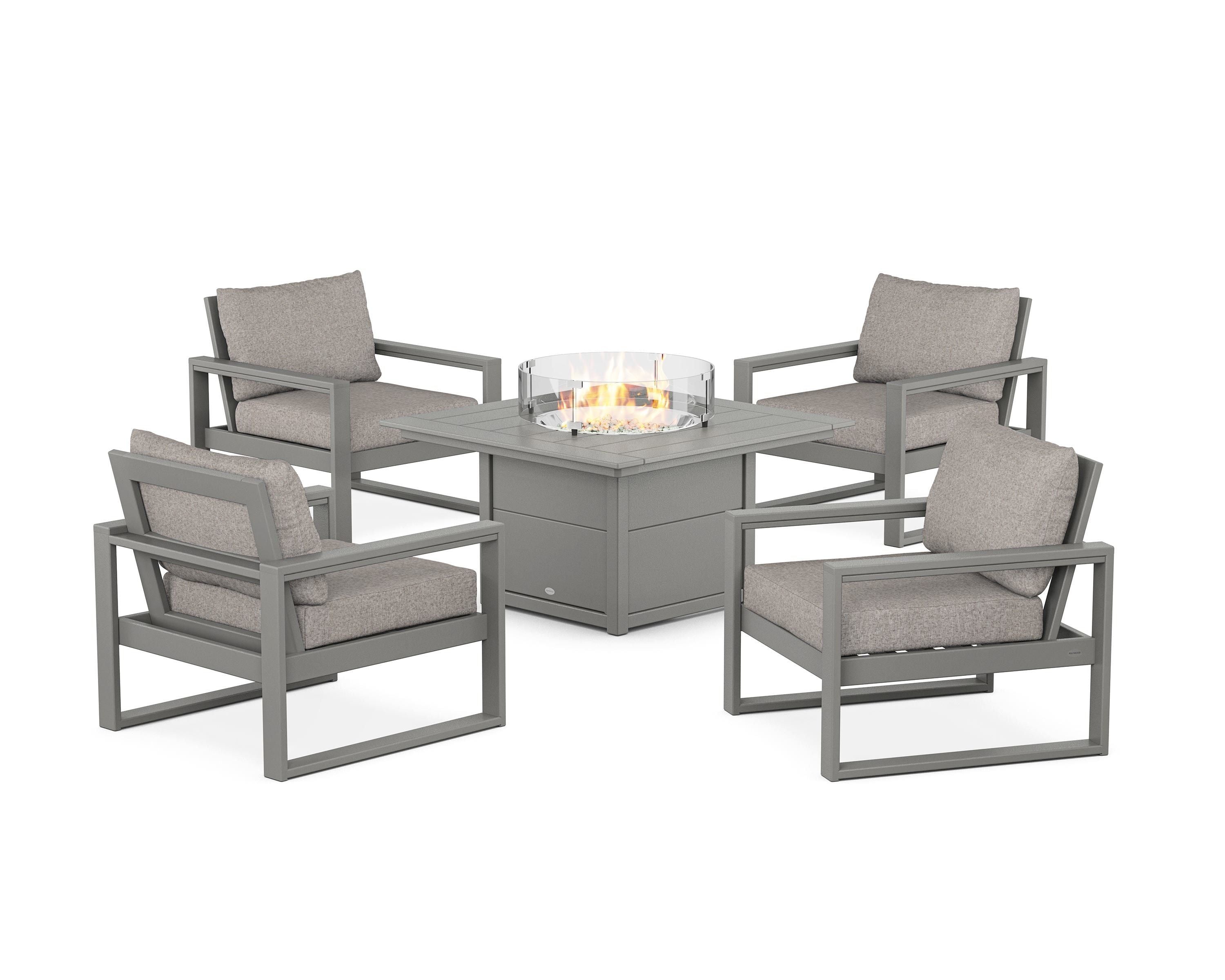 POLYWOOD® EDGE Sectional 5-Piece Deep Seating Set with Fire Pit Table in Slate Grey / Weathered Tweed