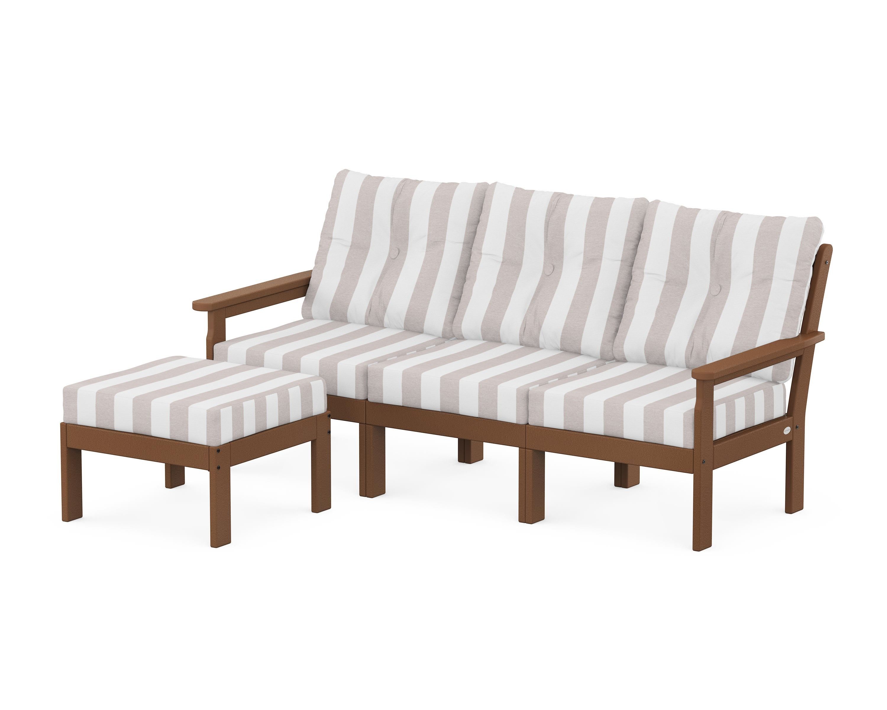 POLYWOOD® Vineyard 4-Piece Sectional with Ottoman in Teak / Cabana Stripe Dune Burlap