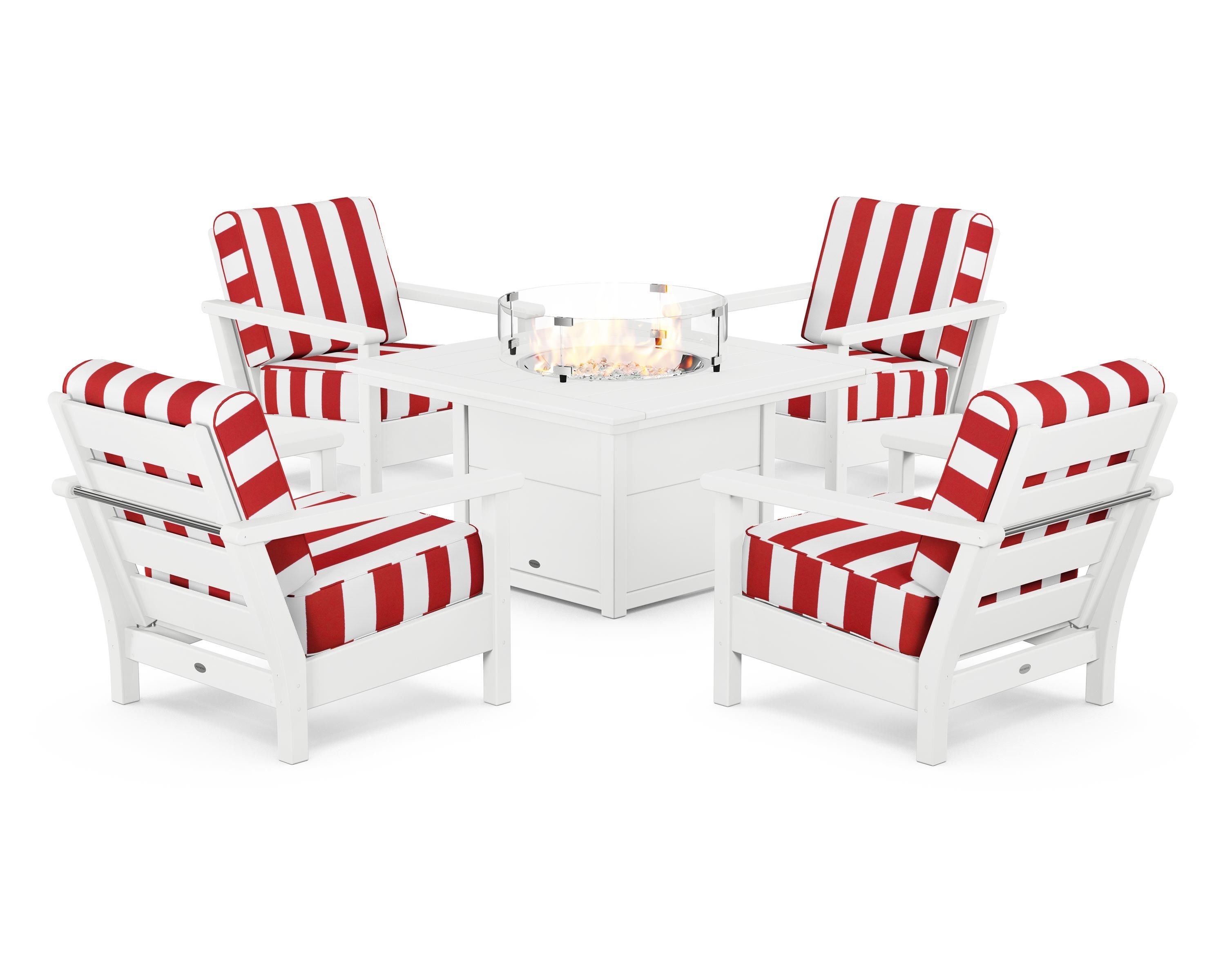 POLYWOOD® Harbour 5-Piece Conversation Set with Fire Pit Table in White / Cabana Stripe Crimson