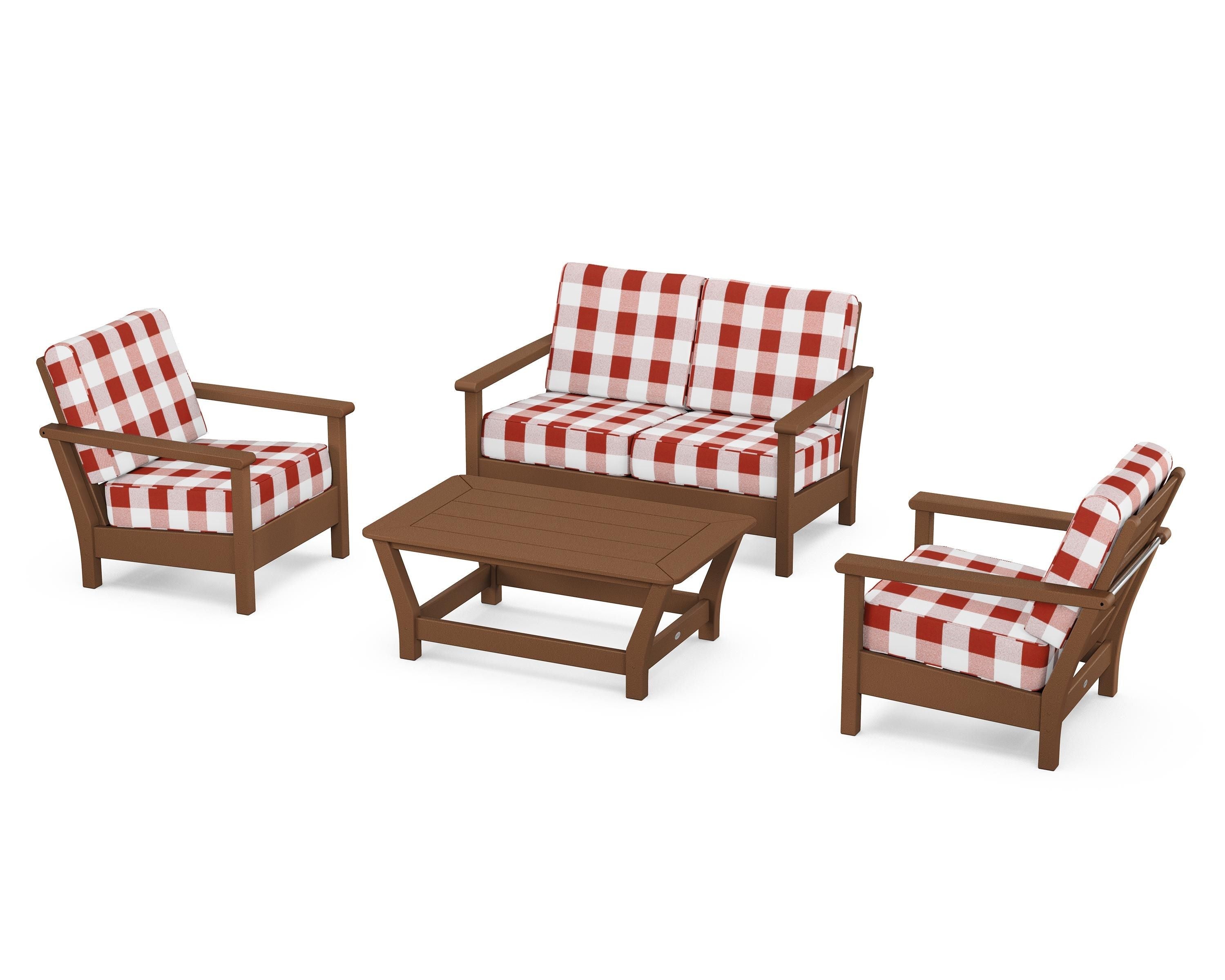 POLYWOOD® Harbour 4-Piece Deep Seating Set in Teak / Buffalo Plaid Crimson