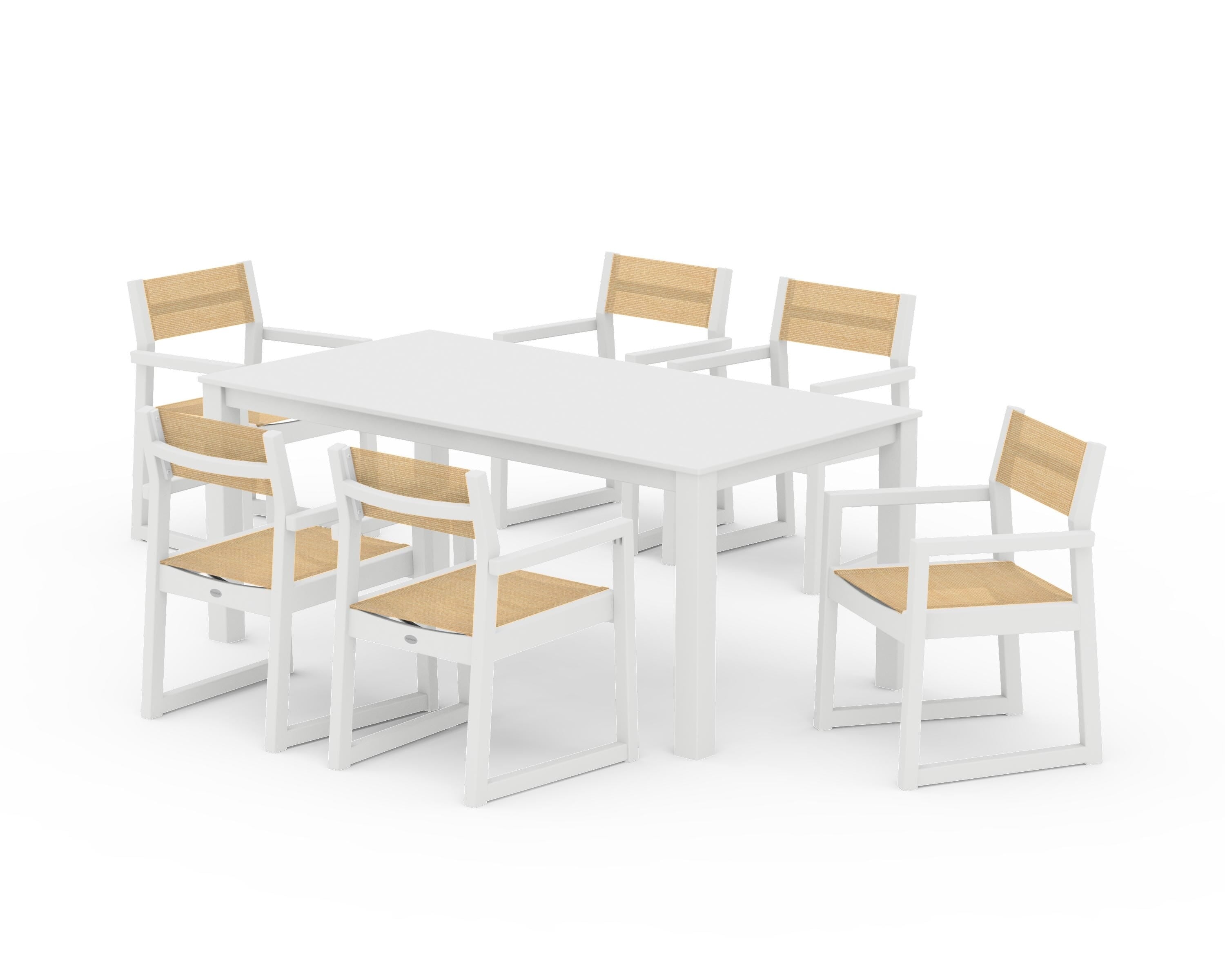 POLYWOOD® EDGE Sling Arm Chair 7-Piece Parsons Dining Set in White / Dupioni Apricot Sling