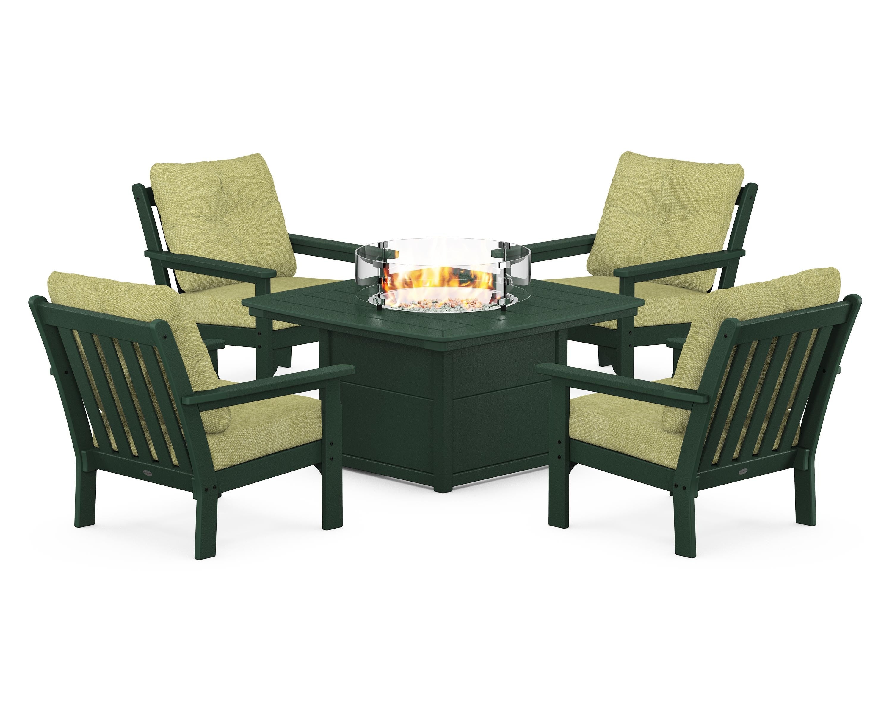 POLYWOOD® Vineyard 5-Piece Conversation Set with Fire Pit Table in Green / Chartreuse Boucle