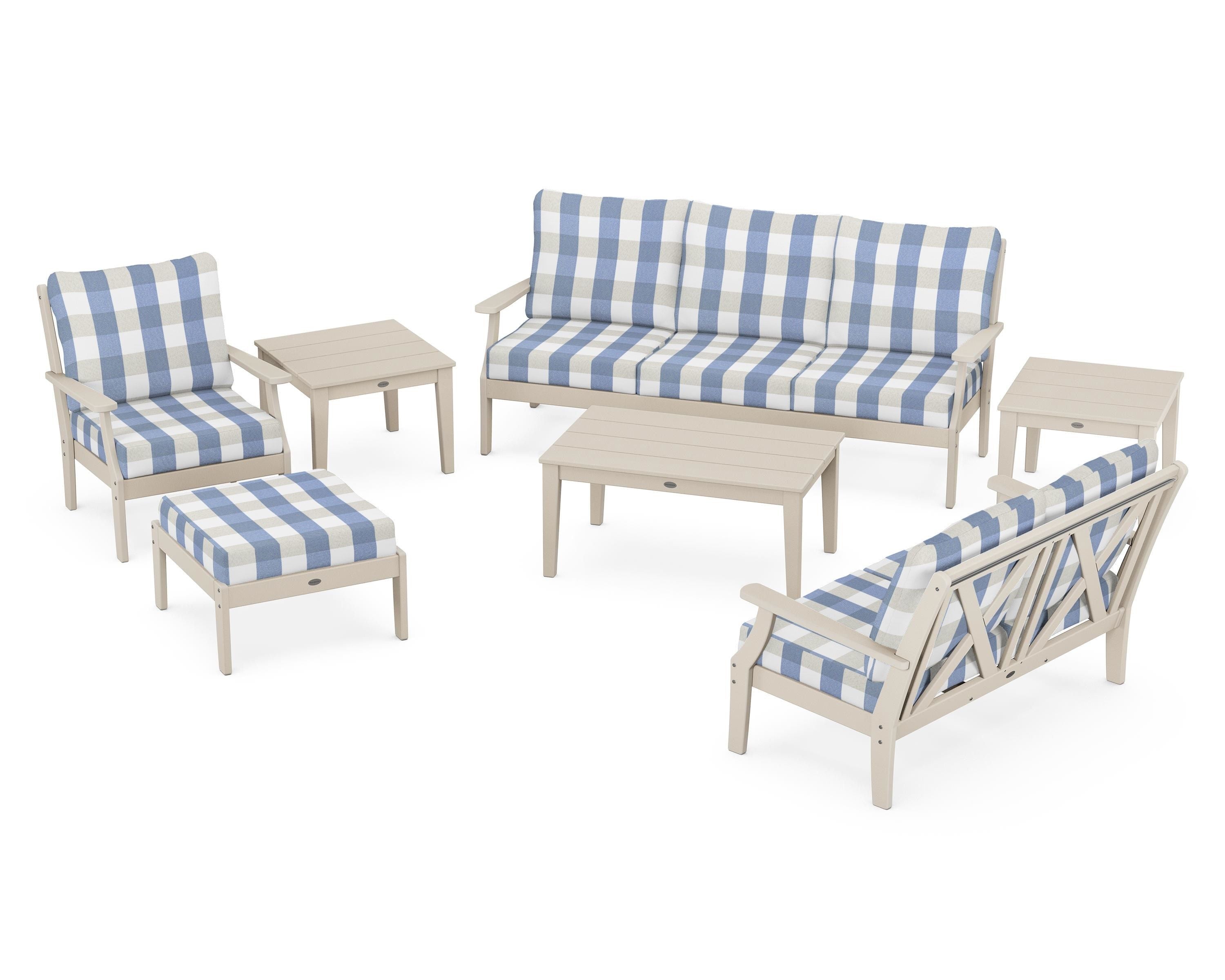 POLYWOOD® Braxton 7-Piece Deep Seating Set in Sand / Buffalo Plaid Sky Blue