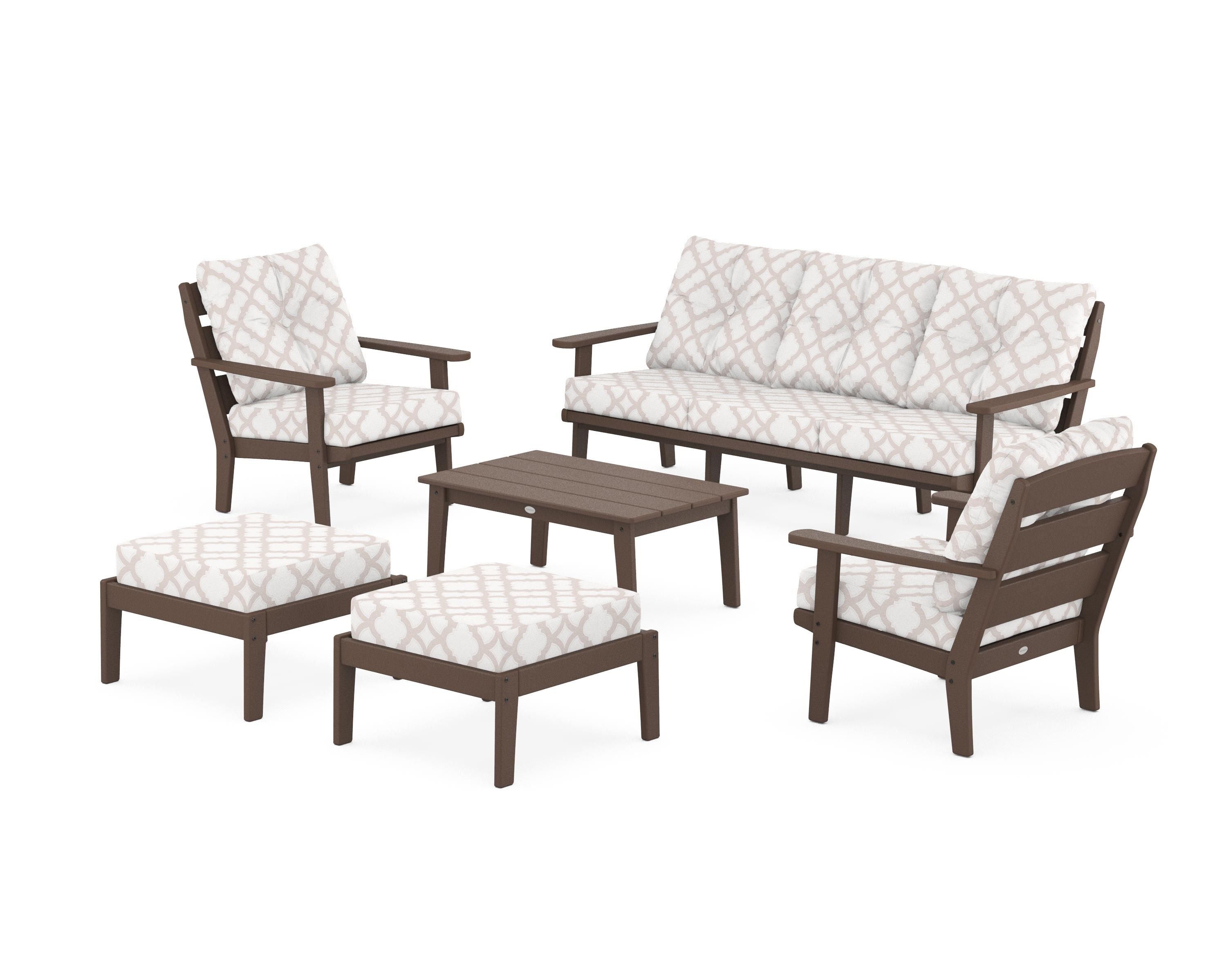 POLYWOOD® Lakeside 6-Piece Lounge Sofa Set in Mahogany / Trellis Dune Burlap