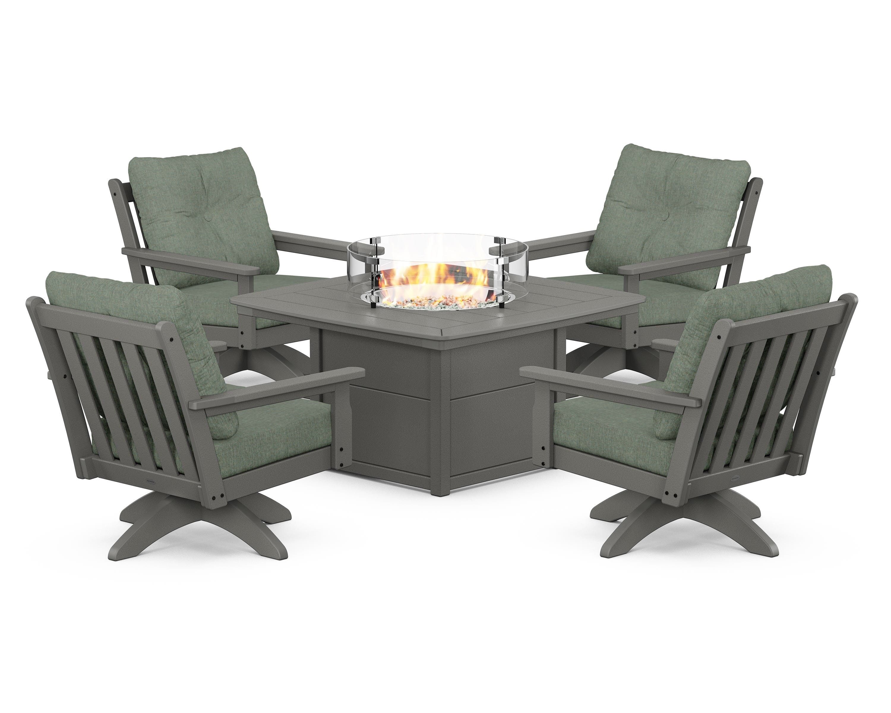POLYWOOD® Vineyard 5-Piece Deep Seating Swivel Conversation Set with Fire Pit Table in Slate Grey / Cast Sage