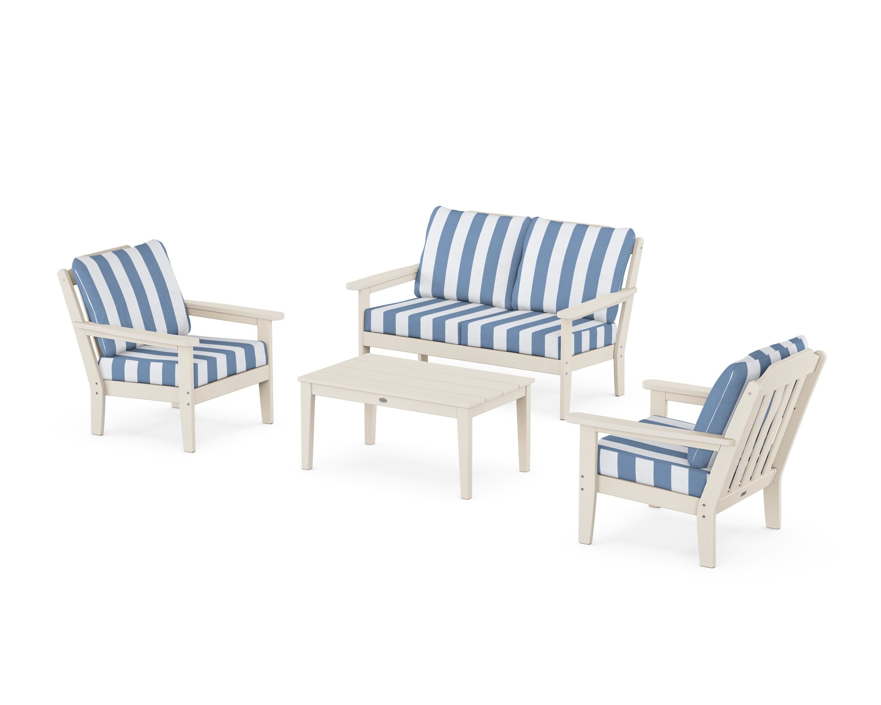 Country Living Cottage 4-Piece Deep Seating Set with Loveseat in Sand / Cabana Stripe Sky Blue