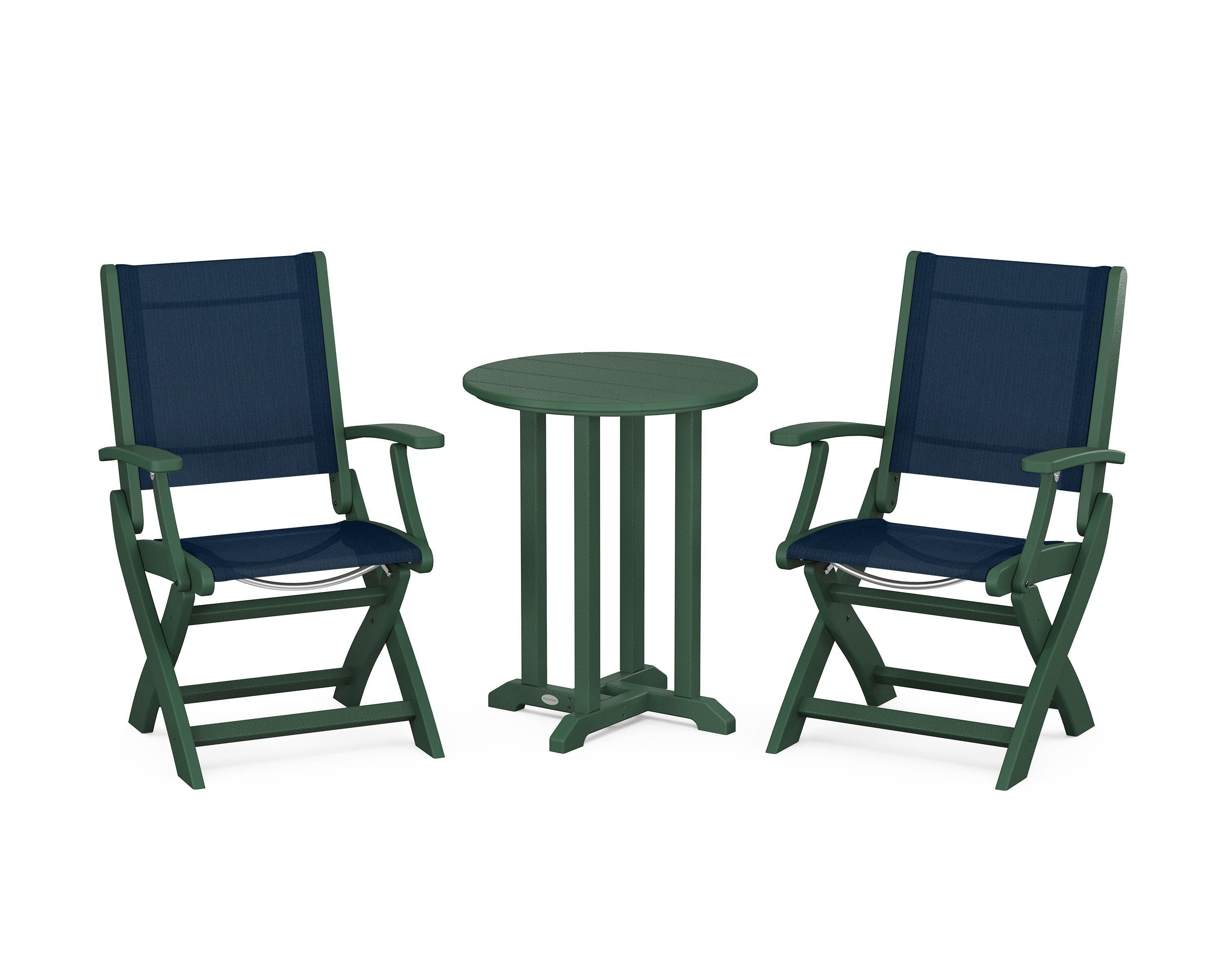 POLYWOOD® Coastal Folding 3-Piece Round Bistro Dining Set in Green / Navy Blue Sling