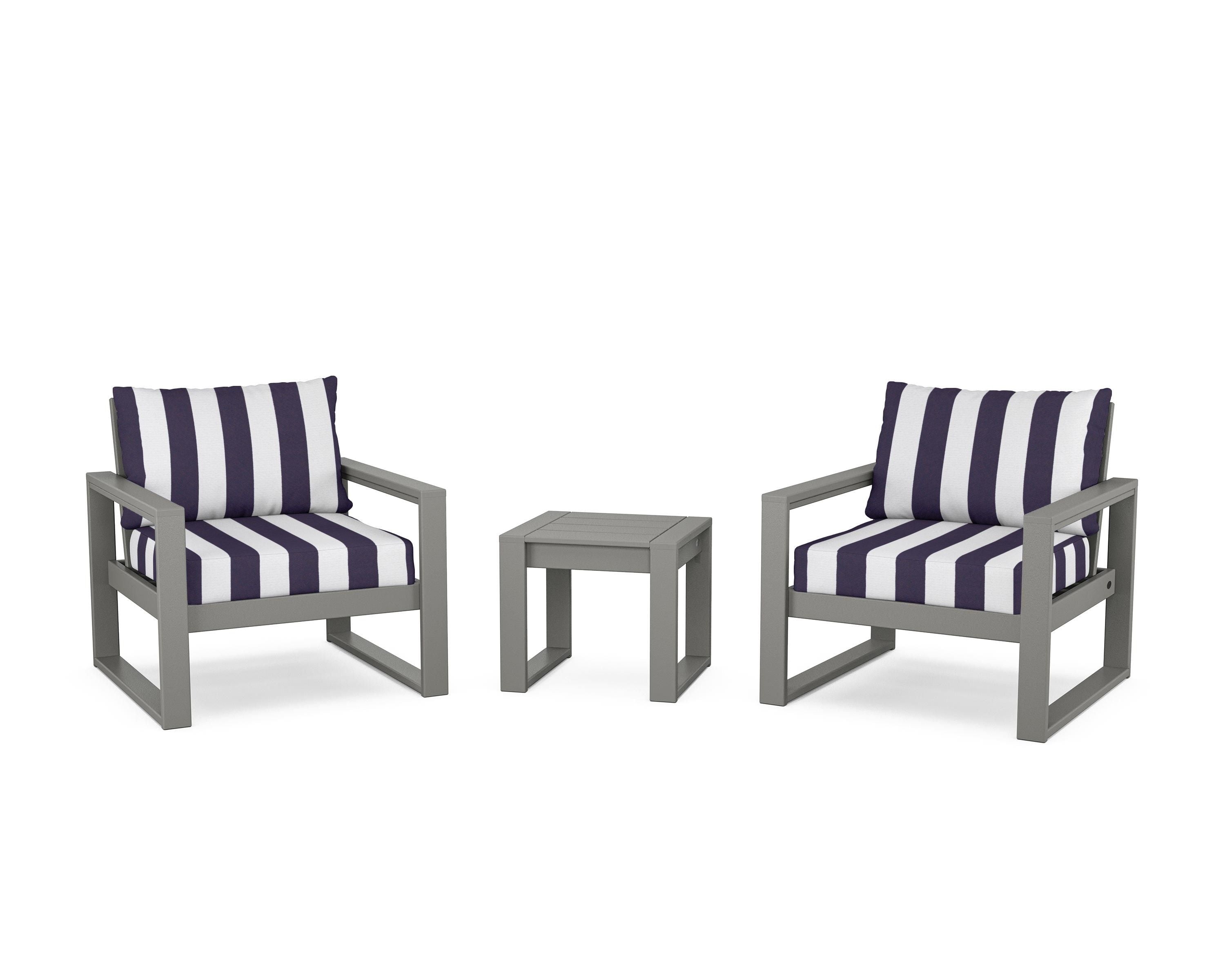 POLYWOOD® EDGE Sectional 3-Piece Deep Seating Set in Slate Grey / Cabana Stripe Navy