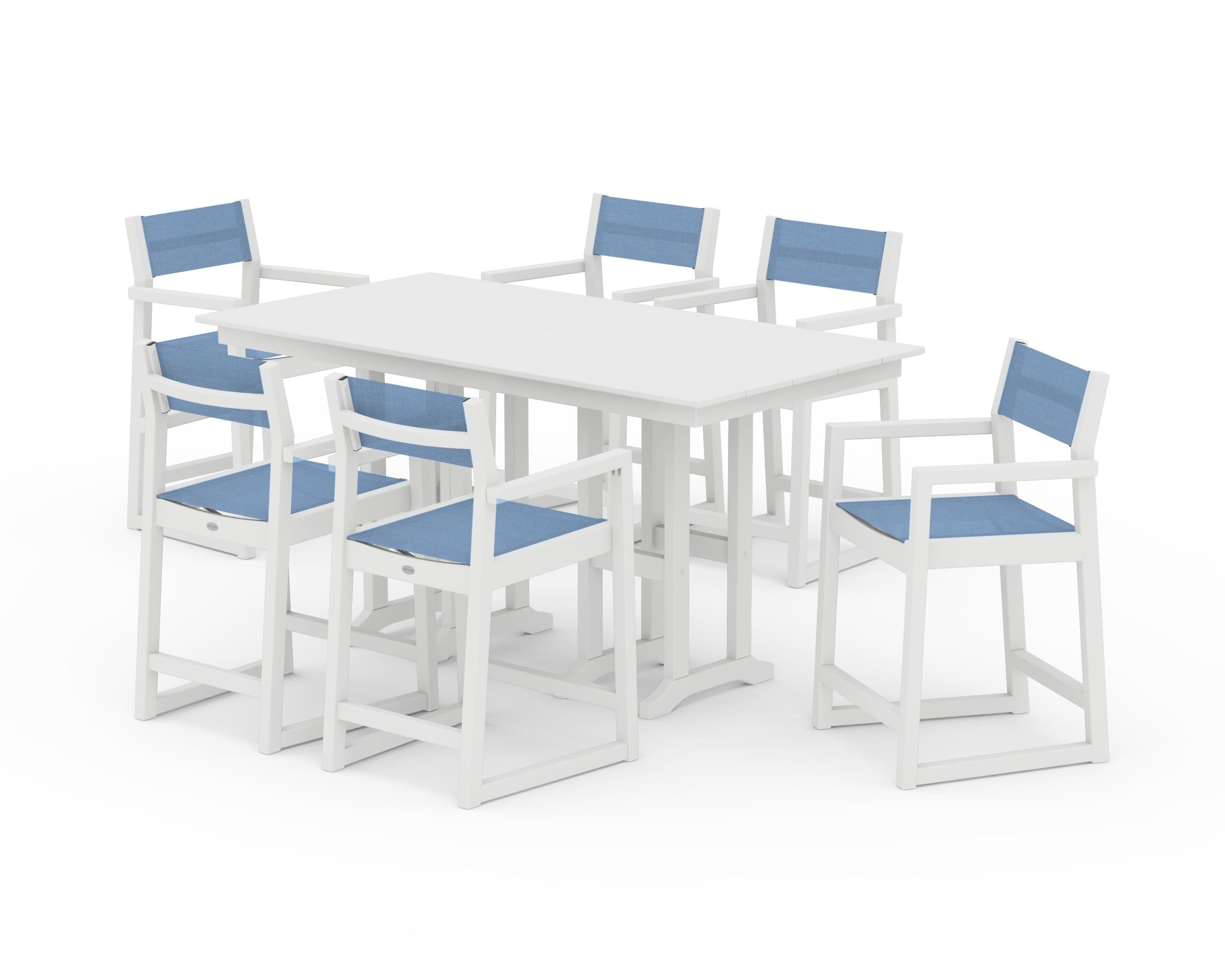POLYWOOD® EDGE Sling Arm Chair 7-Piece Farmhouse Counter Set in White / Poolside Sling