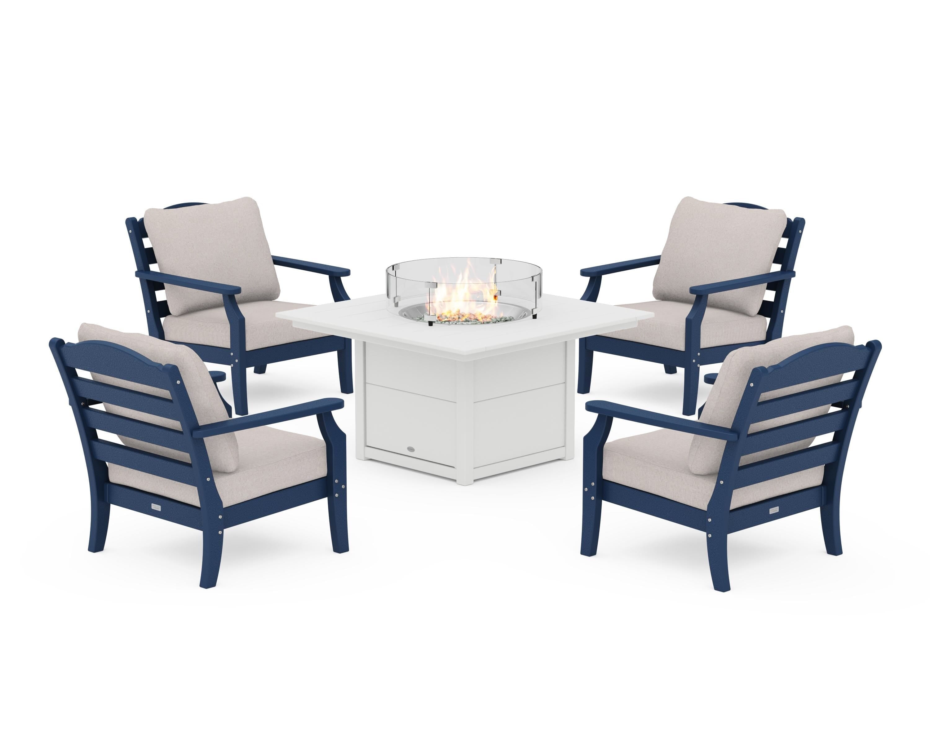 Draper James™ by POLYWOOD® Savannah 5-Piece Deep Seating Set with Fire Pit Table in Navy / Dune Burlap