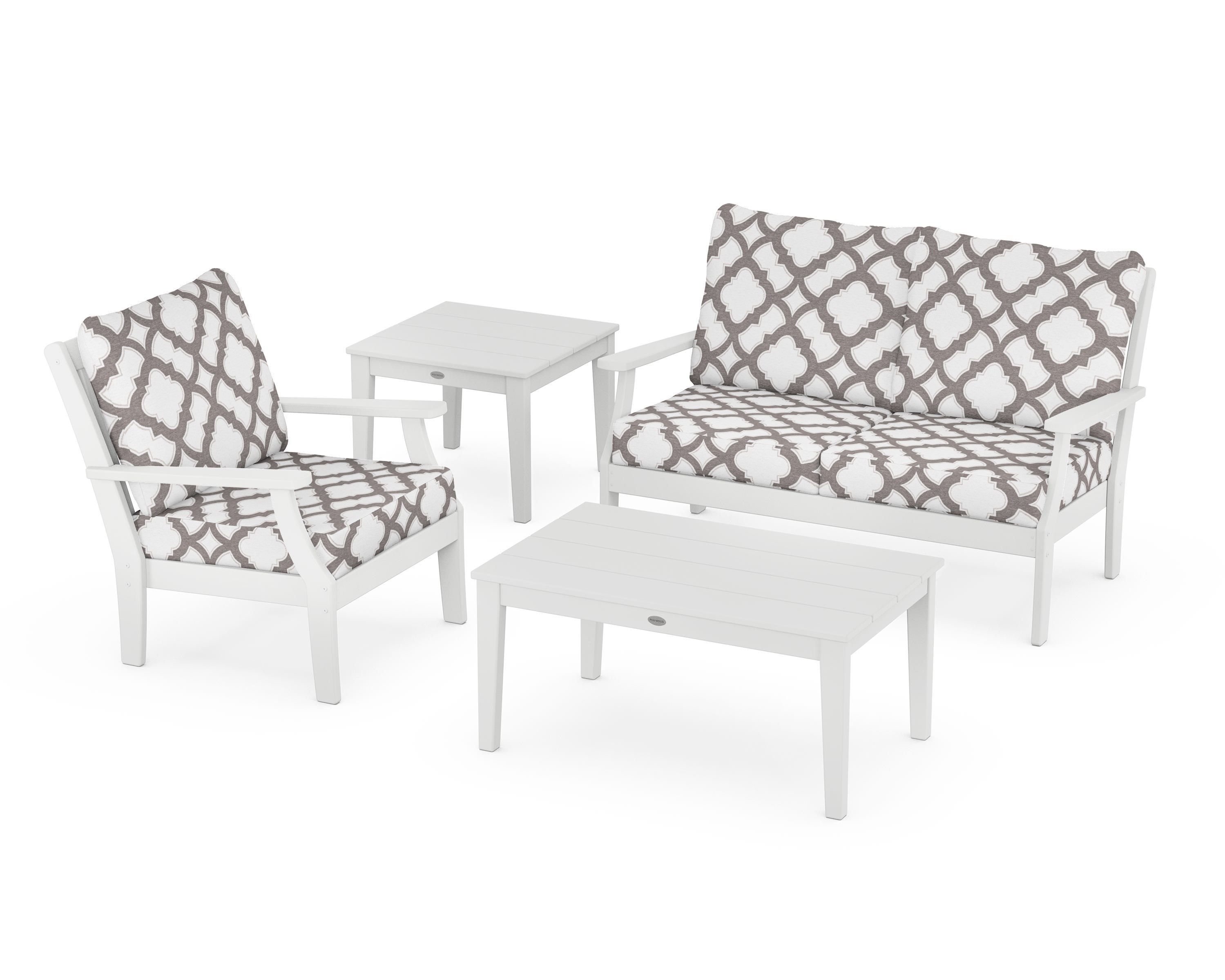 POLYWOOD® Braxton 4-Piece Deep Seating Set in White / Trellis Grey Mist