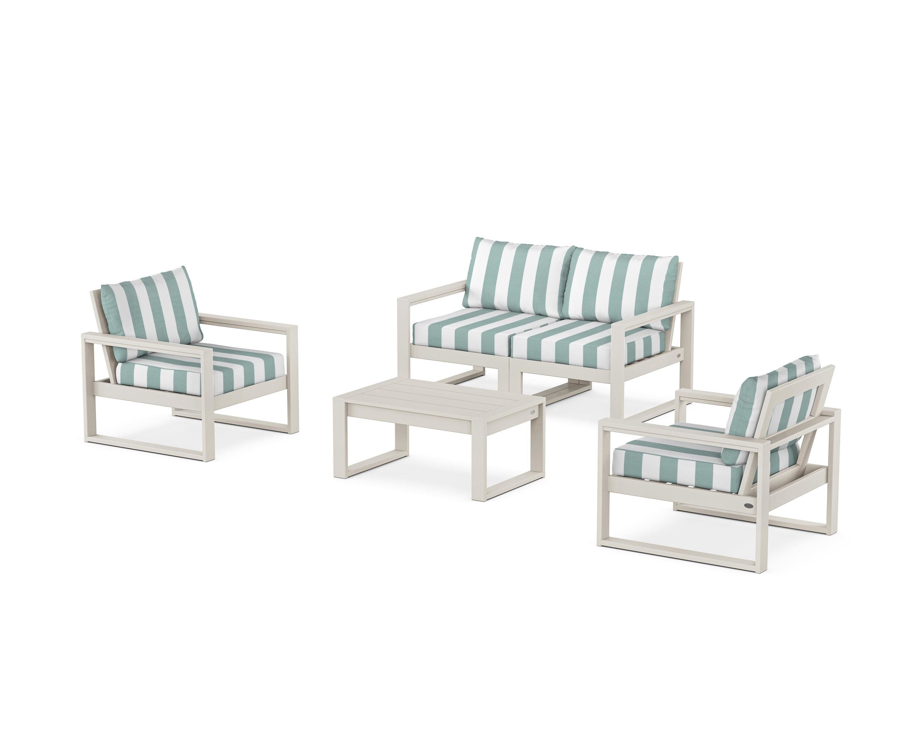 POLYWOOD® EDGE Sectional 4-Piece Deep Seating Set with Loveseat in Sand / Cabana Stripe Glacier Spa