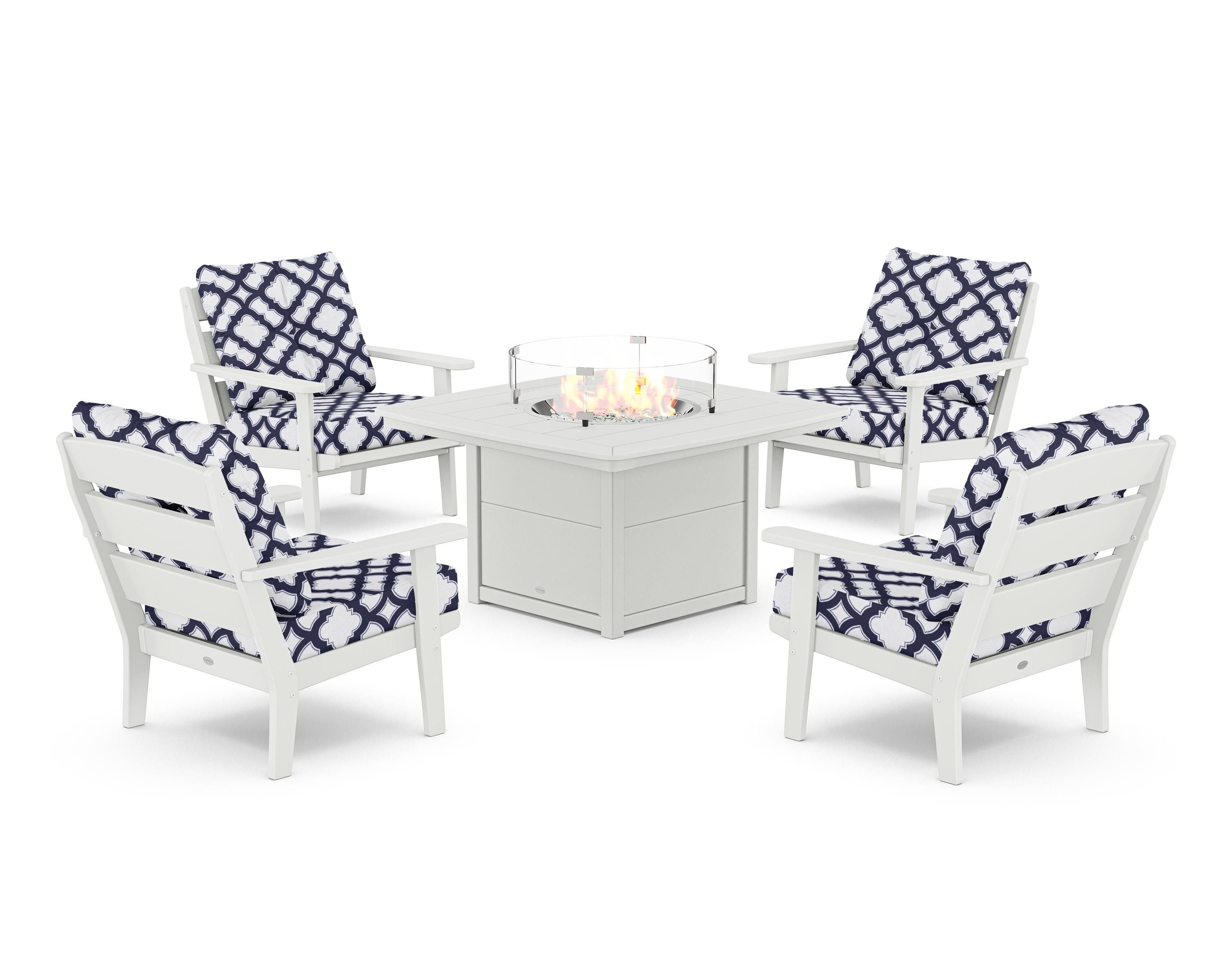 POLYWOOD® Lakeside 5-Piece Deep Seating Set with Nautical Fire Pit Table in White / Trellis Navy