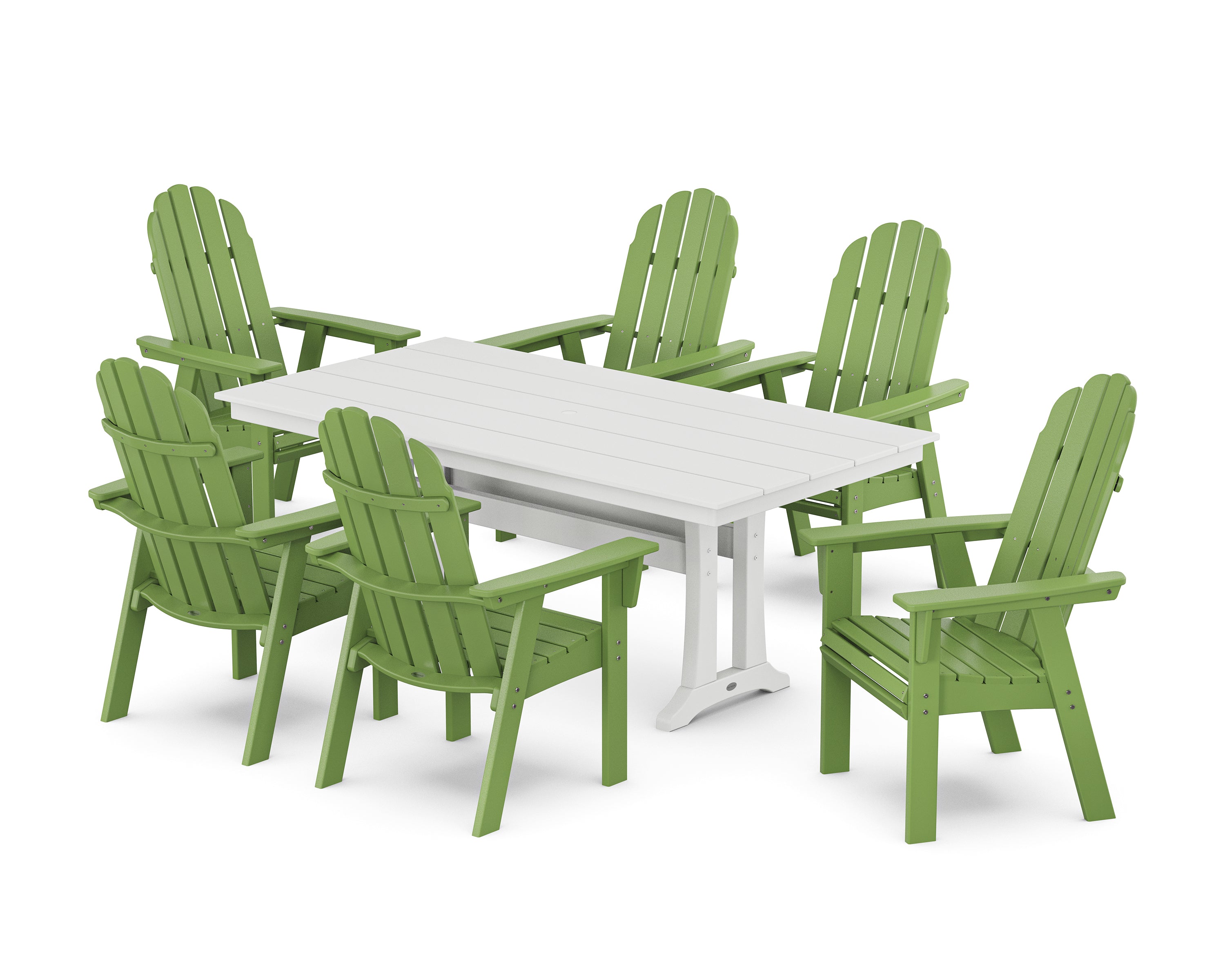 POLYWOOD® Vineyard Curveback Adirondack Chair 7-Piece Farmhouse Dining Set with Trestle Legs in Lime / White