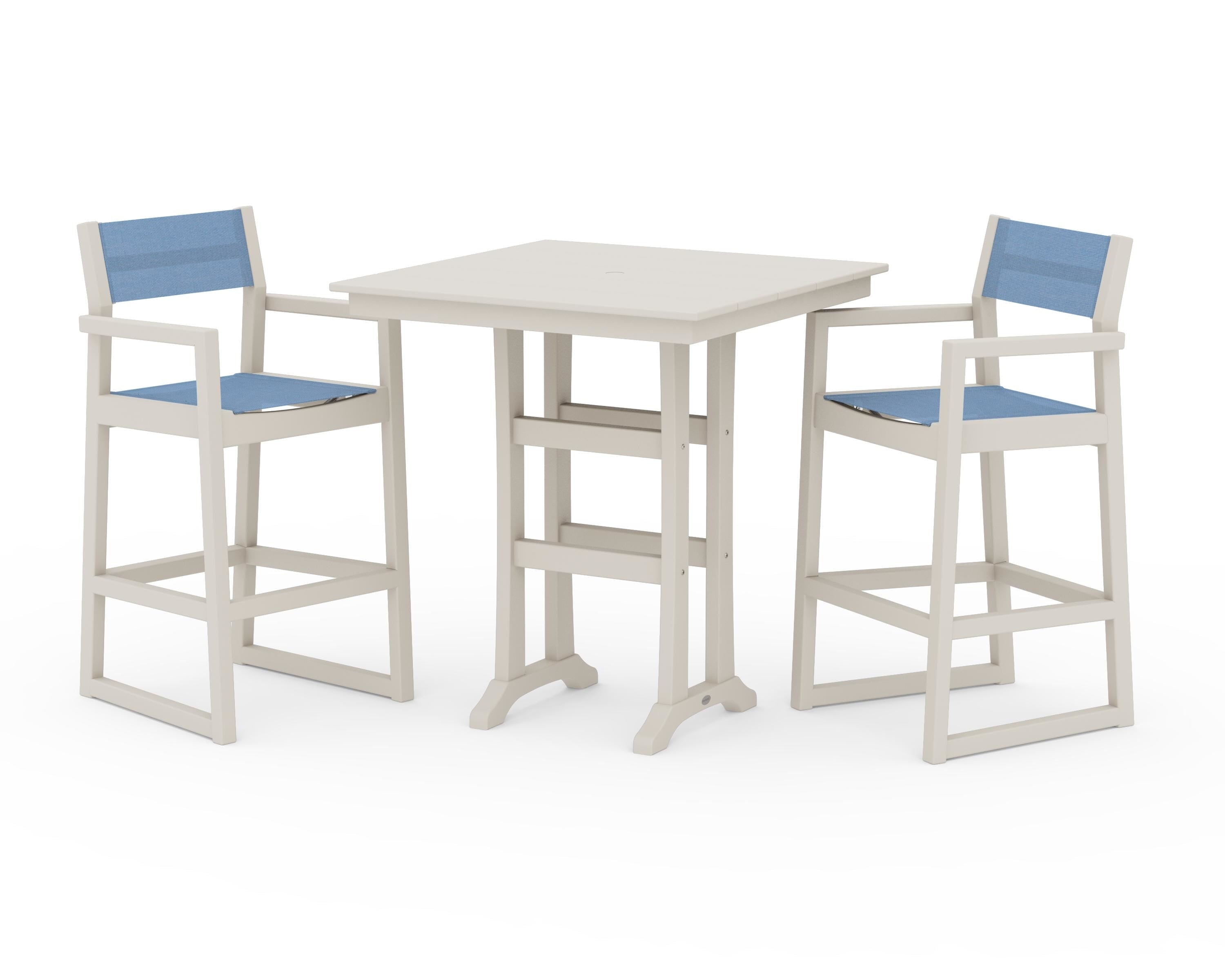 POLYWOOD® EDGE Sling Arm Chair 3-Piece Farmhouse Bar Set with Trestle Legs in Sand / Poolside Sling