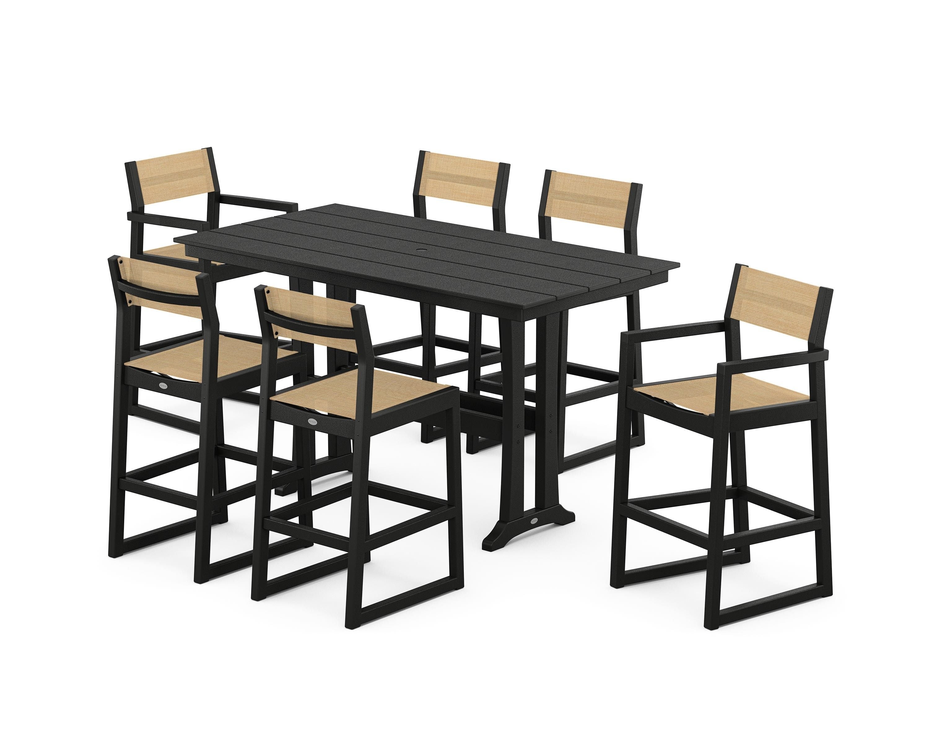 POLYWOOD® EDGE Sling 7-Piece Farmhouse Bar Set with Trestle Legs in Black / Dupioni Apricot Sling