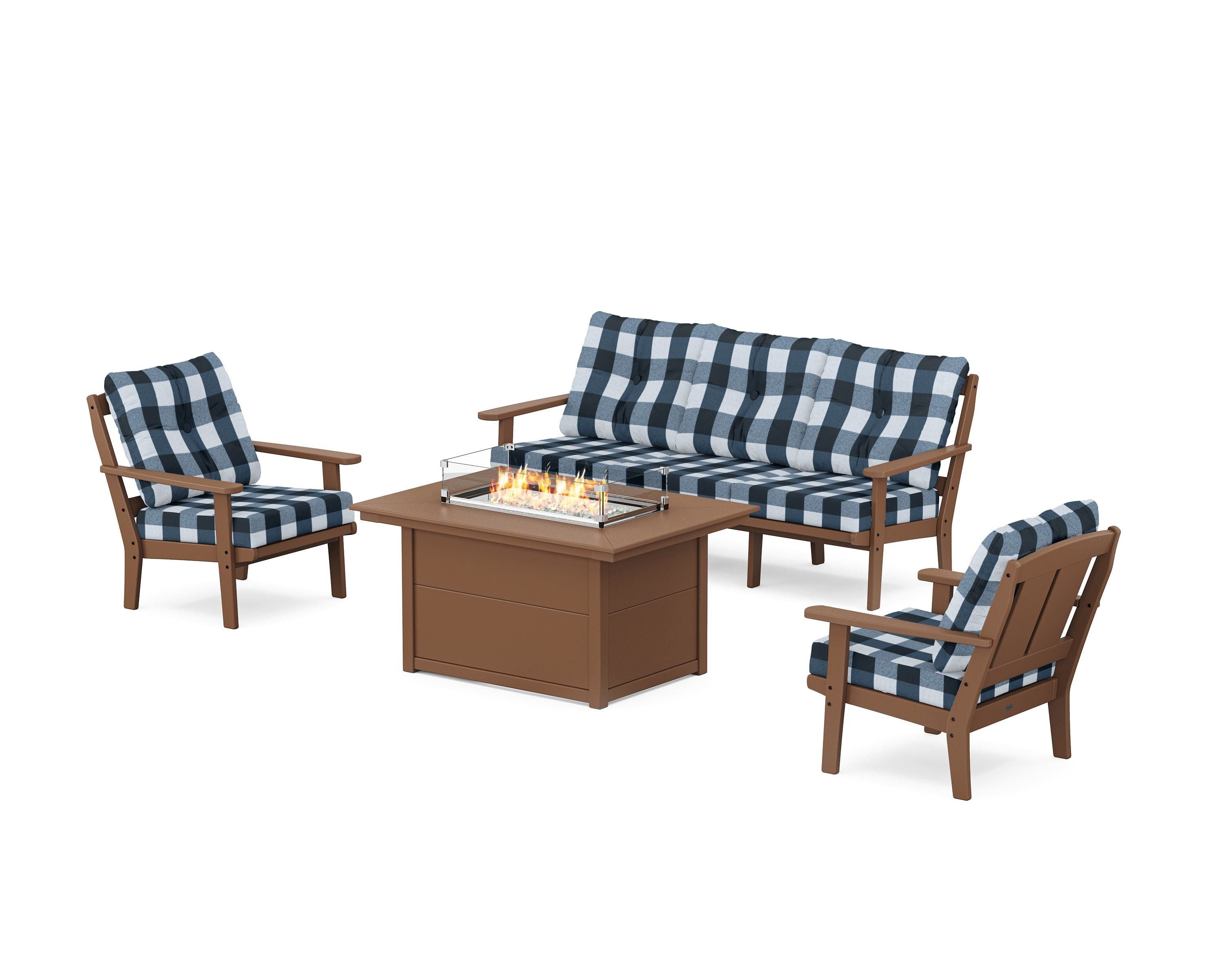 POLYWOOD® Mission Deep Seating Fire Pit Table Set in Teak / Buffalo Plaid Marine Indigo