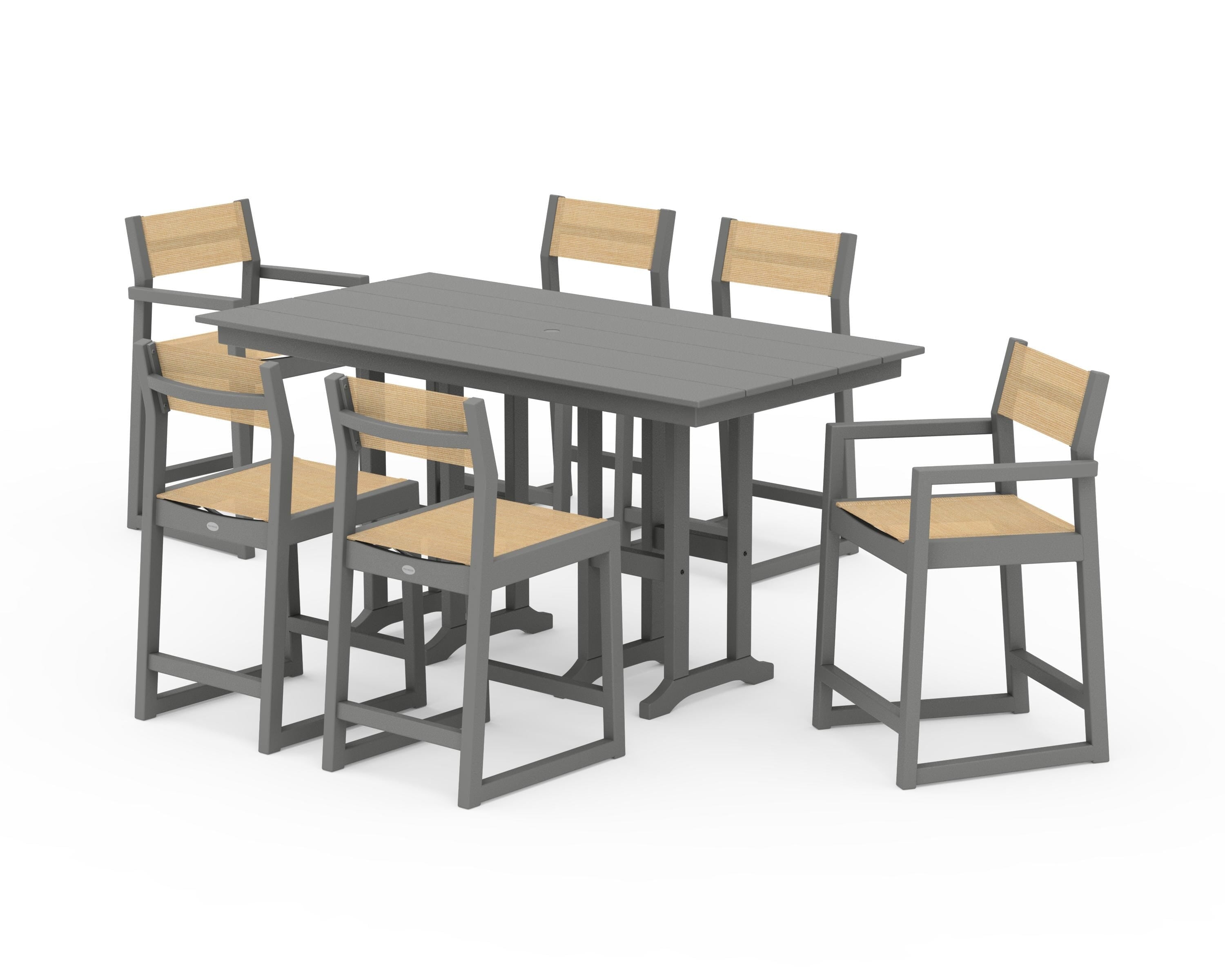 POLYWOOD® EDGE Sling 7-Piece Farmhouse Counter Set with Trestle Legs in Slate Grey / Dupioni Apricot Sling