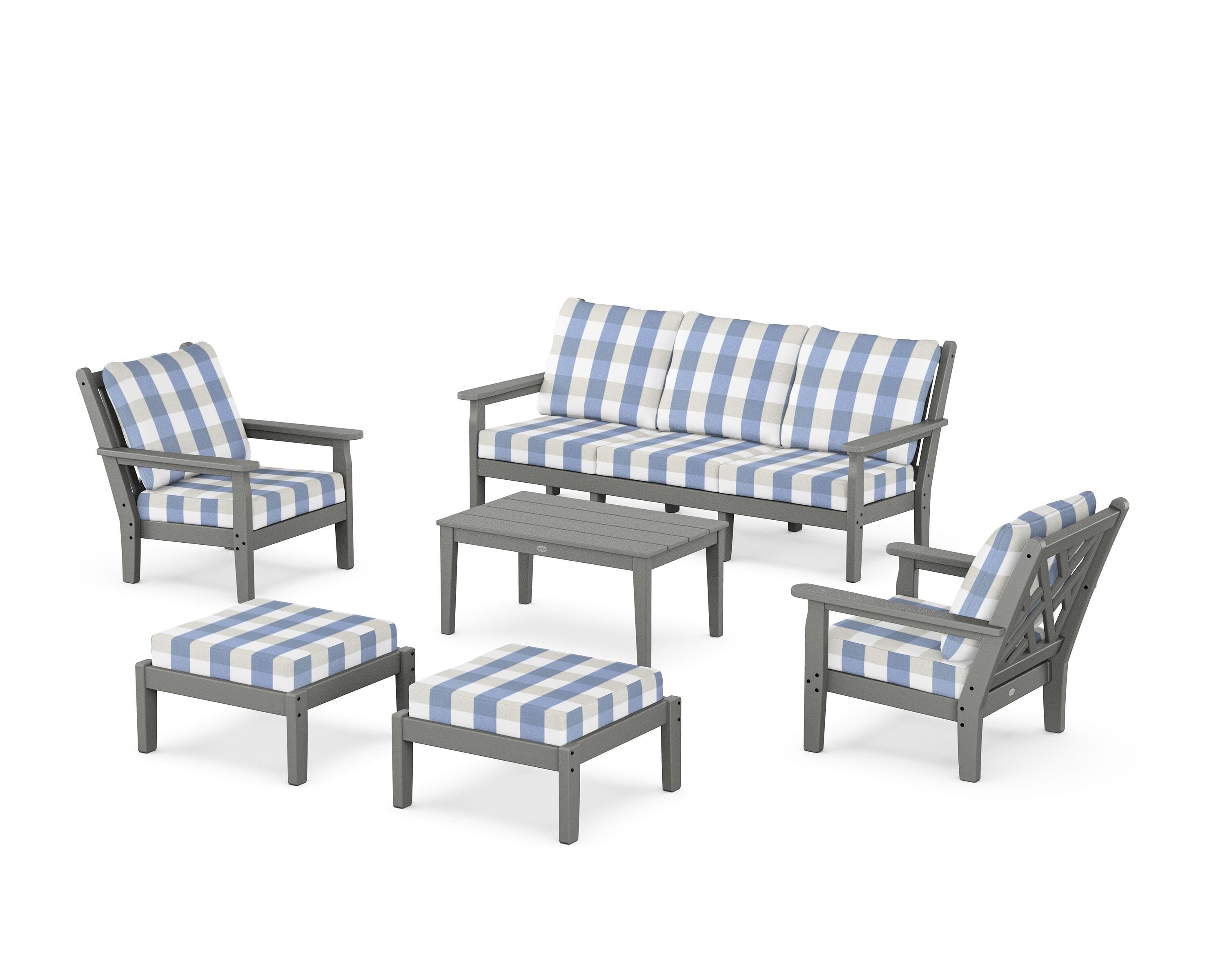 POLYWOOD® Chippendale 6-Piece Lounge Sofa Set in Slate Grey / Buffalo Plaid Sky Blue