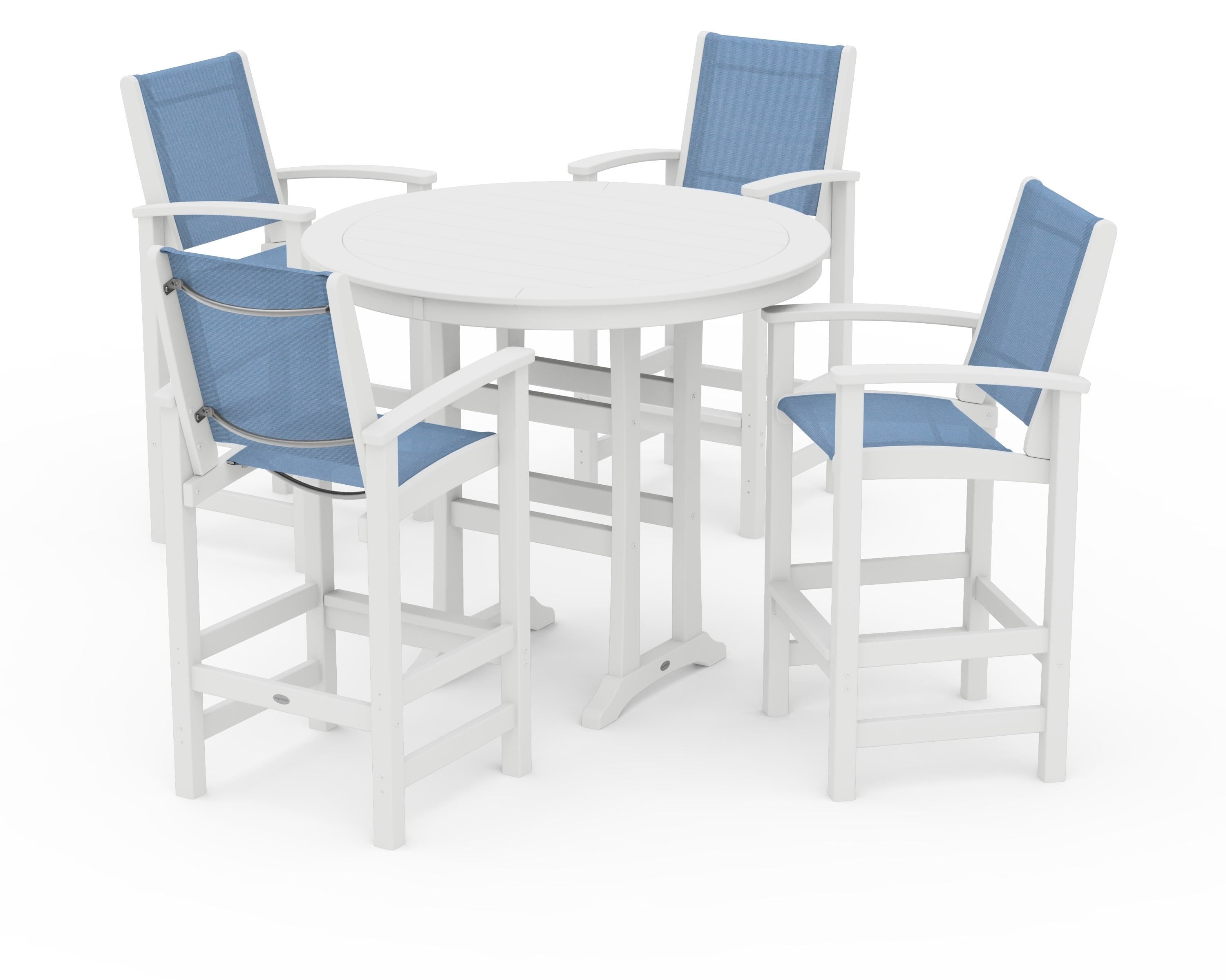 POLYWOOD® Coastal 5-Piece Nautical Trestle Bar Set in White / Poolside Sling