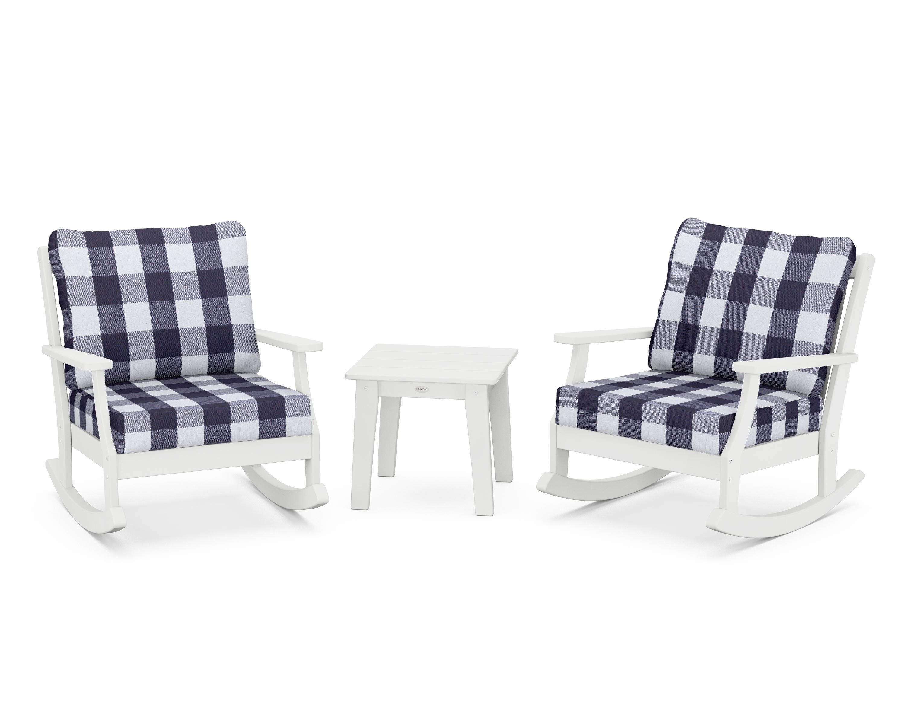 POLYWOOD® Braxton 3-Piece Deep Seating Rocker Set in White / Buffalo Plaid Navy